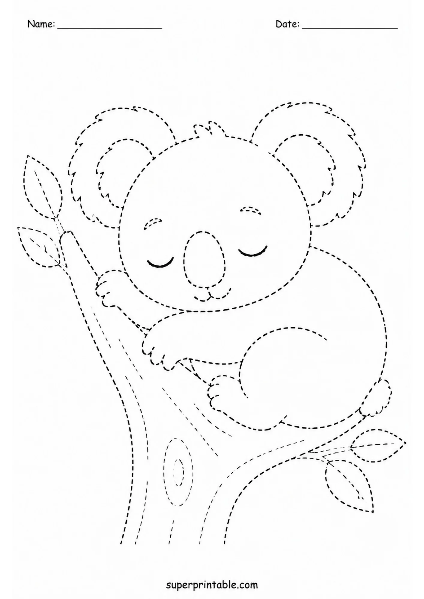 Dashed line art printable worksheet depicting a sleeping koala bear resting its head on a slanted leafy tree branch.