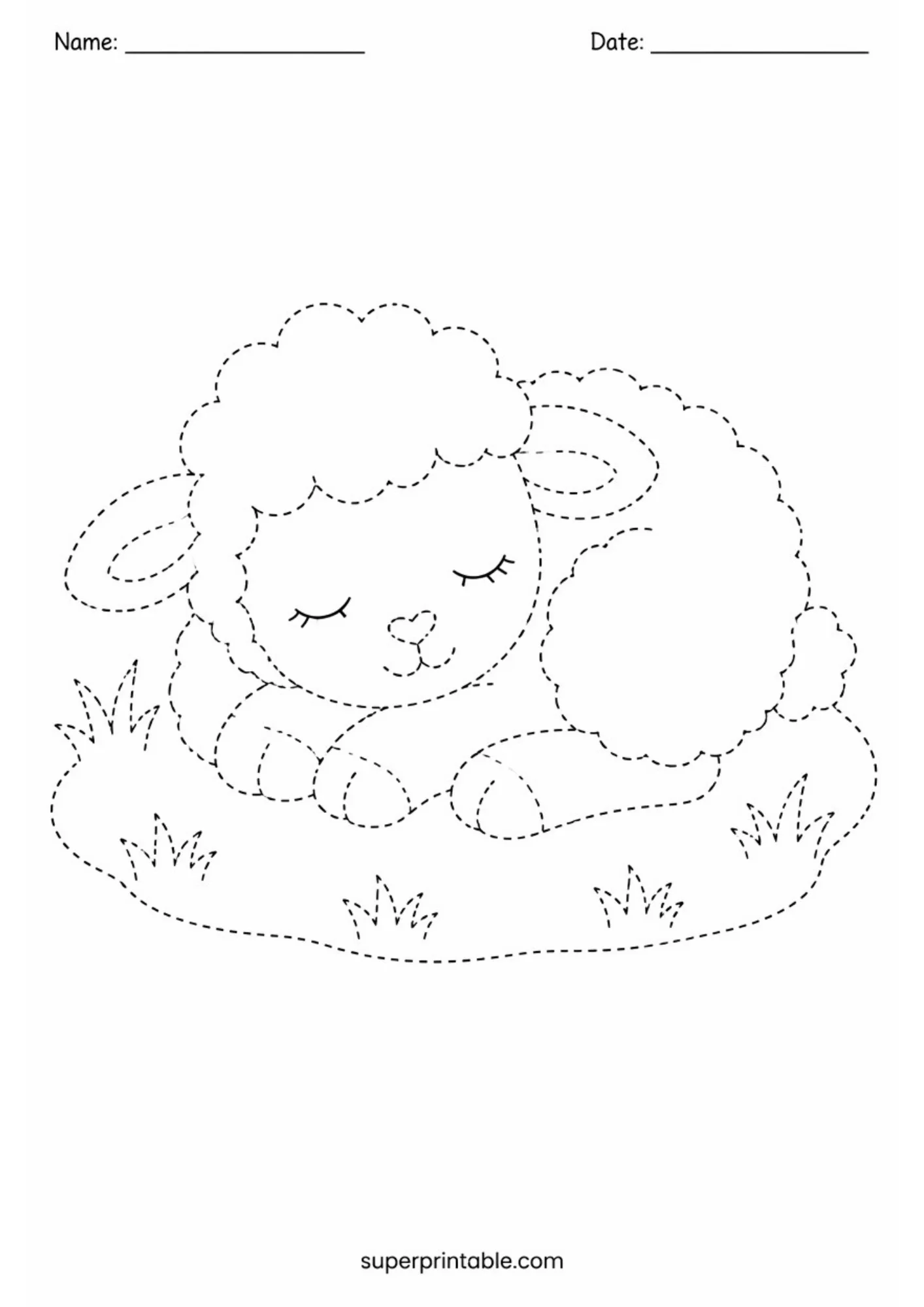 A dashed outline tracing page illustrating a peaceful lamb sleeping curled up on a grassy patch with eyes closed and eyelashes visible.