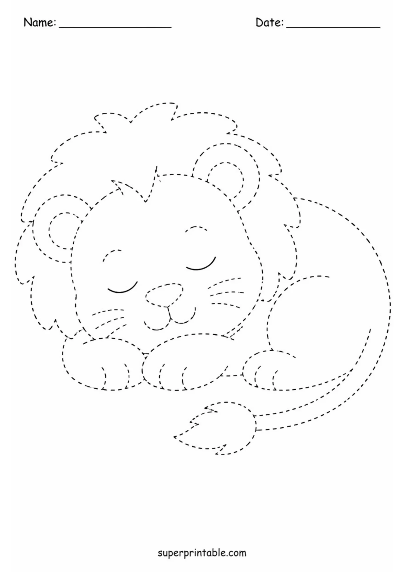 Printable dotted line worksheet showing a sleeping lion cub curled up peacefully with closed eyes, head on paws, and tail wrapped around.
