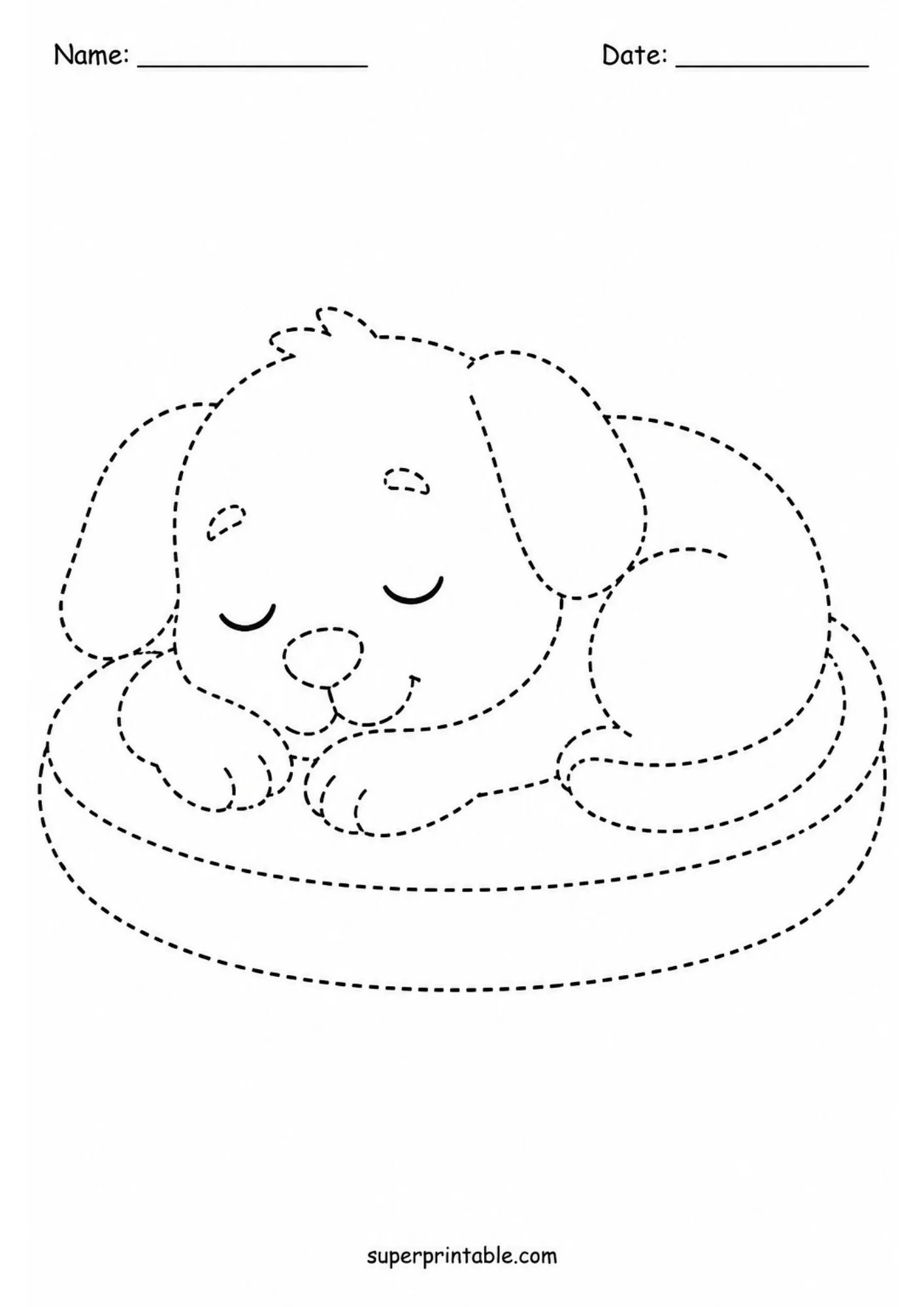 Black line art dotted tracing page of a cute puppy sleeping curled up inside a round dog bed with closed eyes and tucked paws.