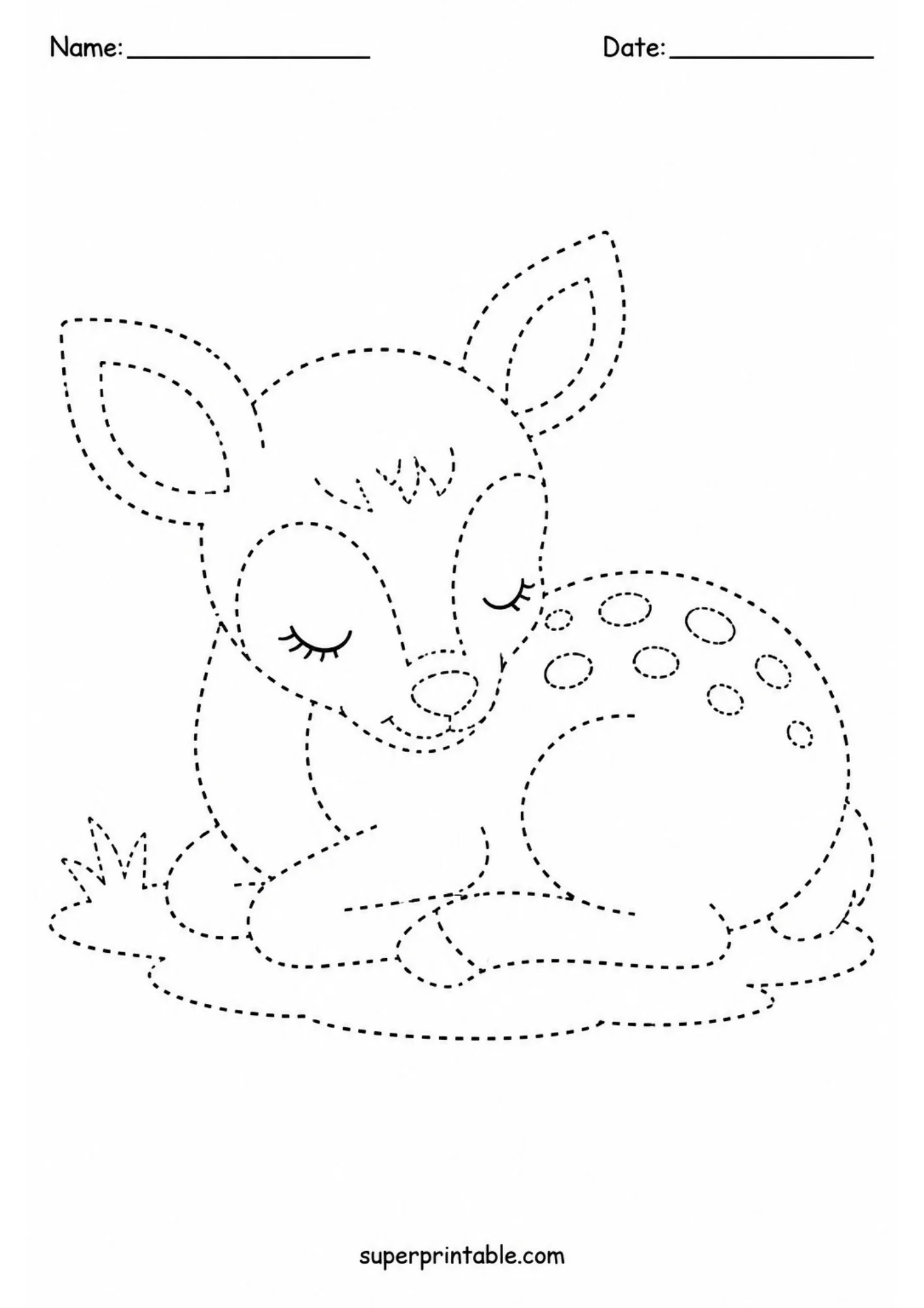 Black and white line tracing activity sheet depicting a gentle fawn sleeping soundly on a patch of grass with eyes closed and dotted body outlines.