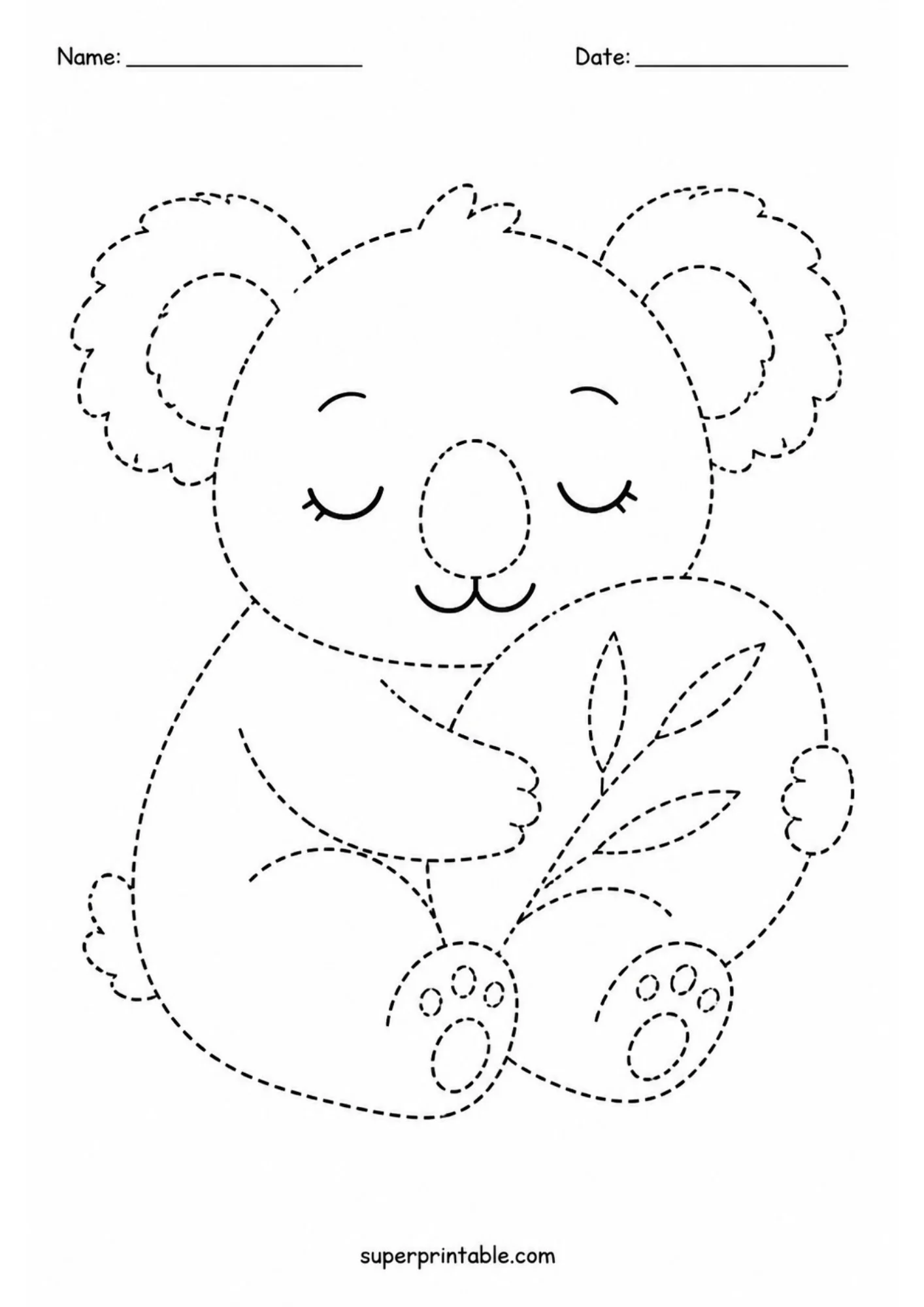 Black dashed outline line art of a cute sleeping koala sitting down and hugging a eucalyptus leaf branch, with name and date header lines at top.