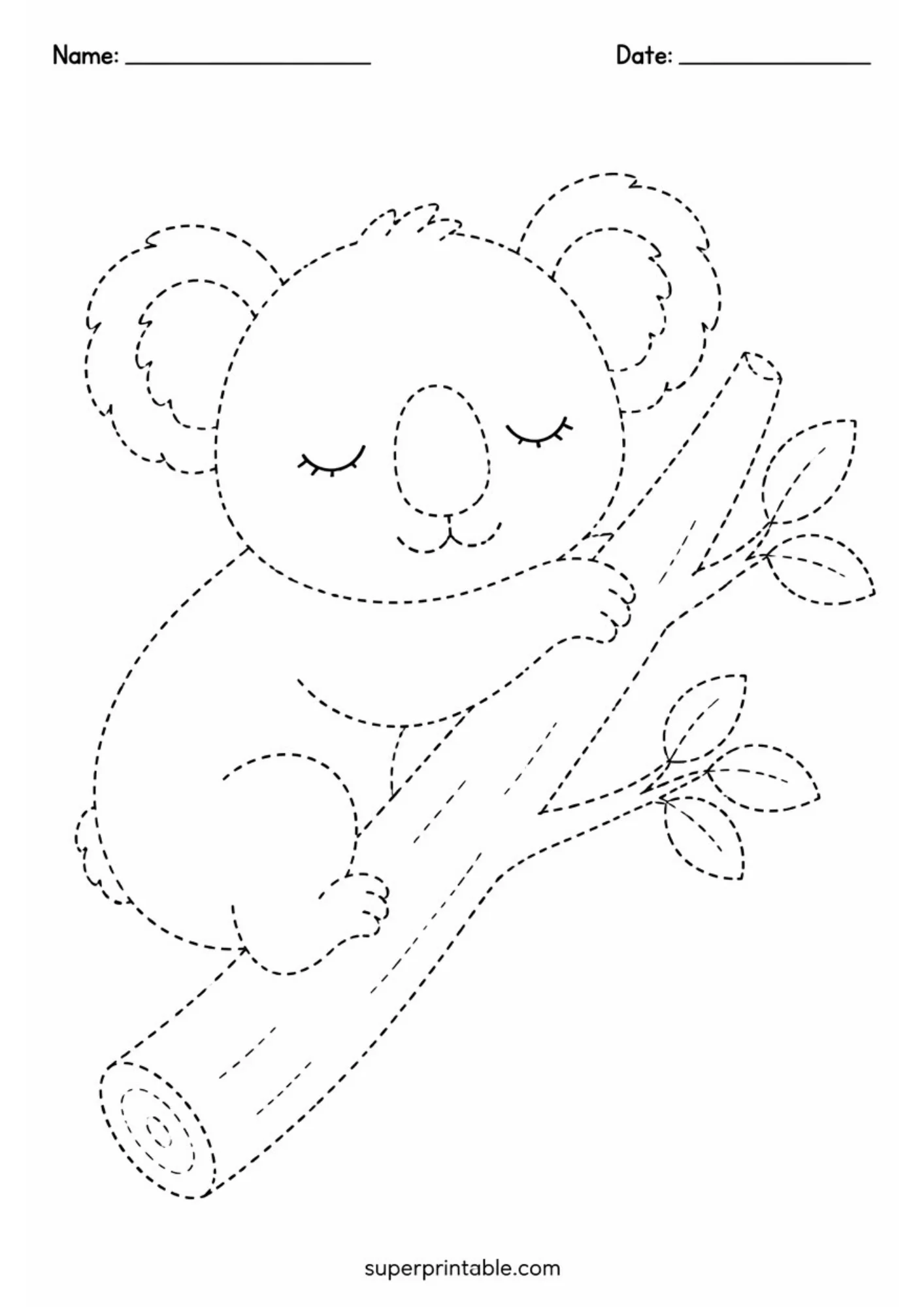 Black dashed line tracing page showing a sleeping koala resting on an angled tree log with visible wood grain rings and leaves.