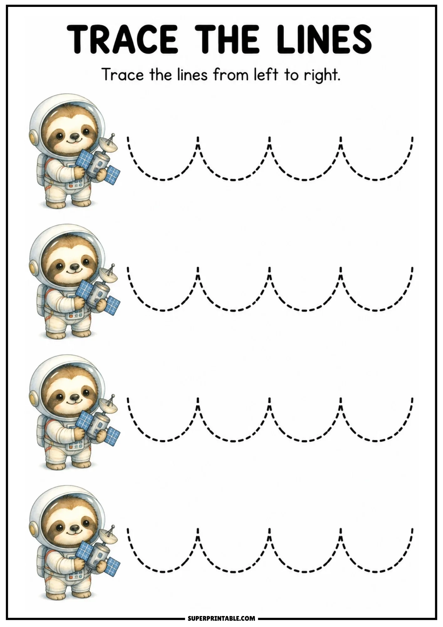 Tracing sheet showing sloth astronauts holding satellites next to upward-curving U-shaped dashed lines.