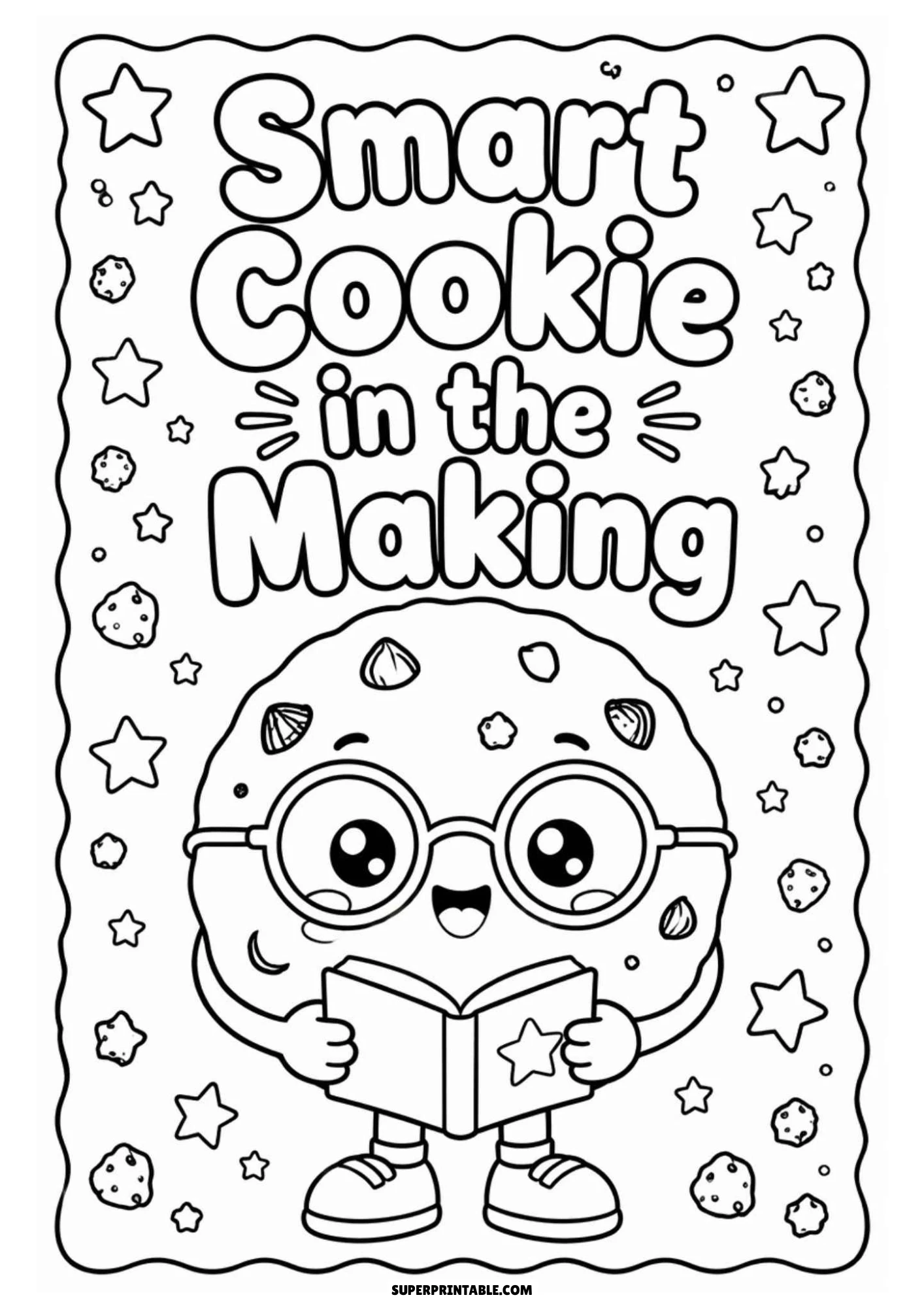 Black and white coloring page showing a cute cartoon cookie character with round glasses and sneakers reading an open book, surrounded by stars and cookie crumbs, with the text 'Smart Cookie in the Making'.