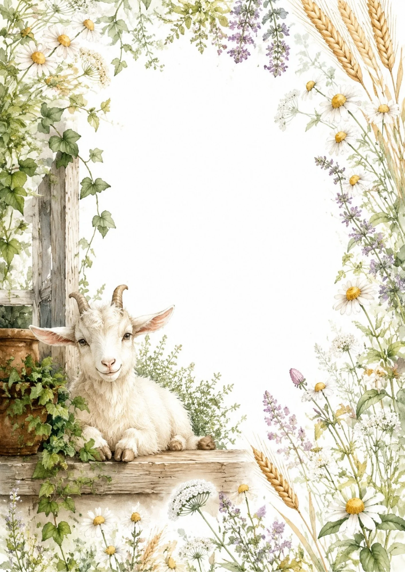 A smiling white goat rests on a wooden window sill beside potted ivy.