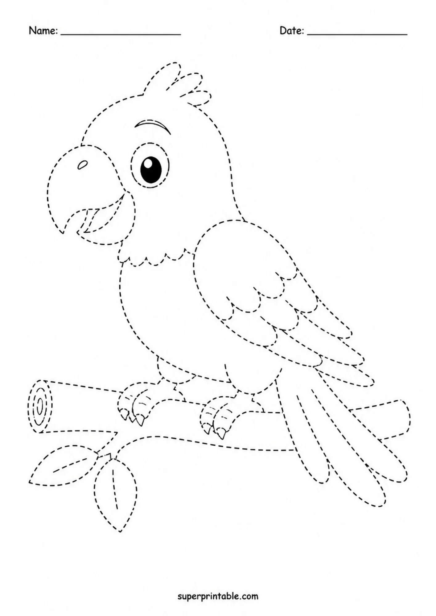 Black line printable worksheet displaying a profile view of a smiling cartoon parrot perched on a thick wooden tree branch with leaves using dotted tracing lines.