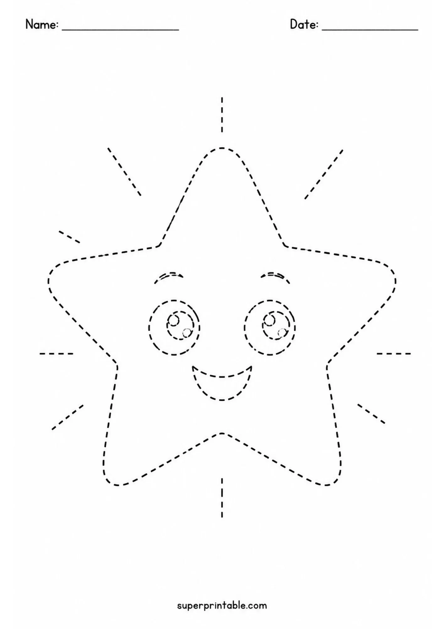 Black and white line art activity page showing a dashed outline of a happy five-pointed star with light rays.