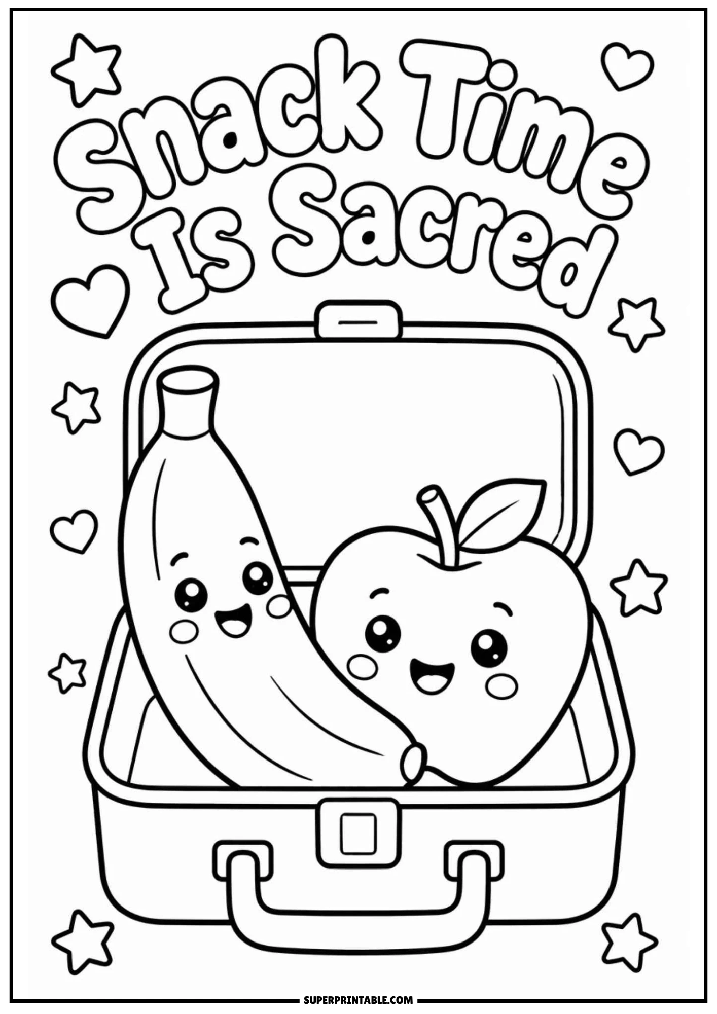 Black and white coloring page of cute kawaii banana and apple characters sitting inside an open lunchbox surrounded by stars and hearts, with text 'Snack Time Is Sacred'.