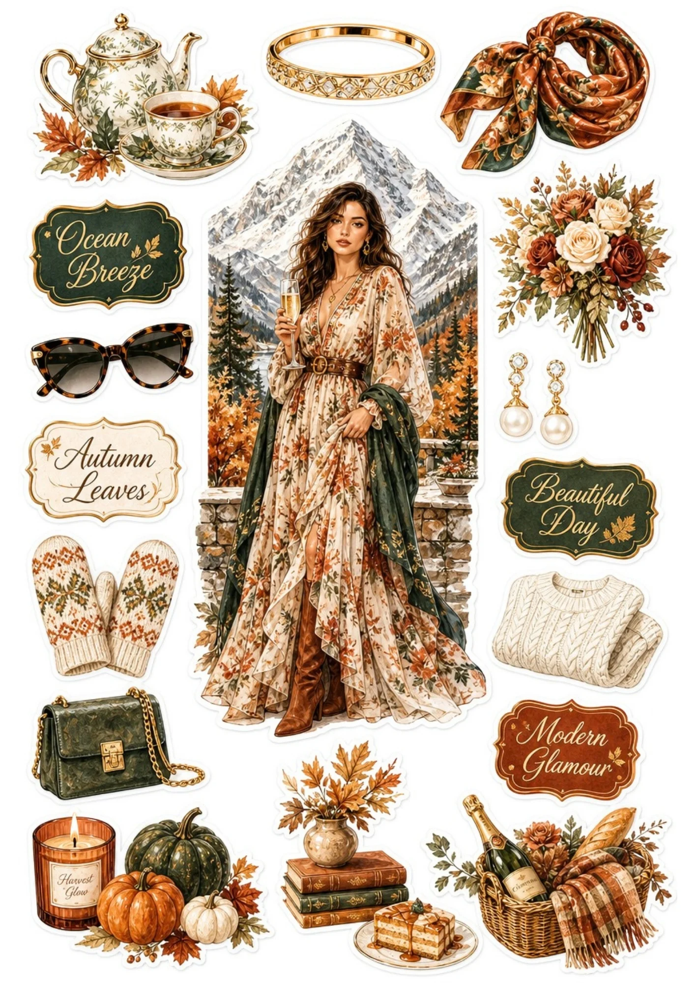 A printable fall sticker page showing a woman with a champagne glass in front of alpine peaks, surrounded by teapots, scarves, sweaters, pie slices, and picnic baskets.