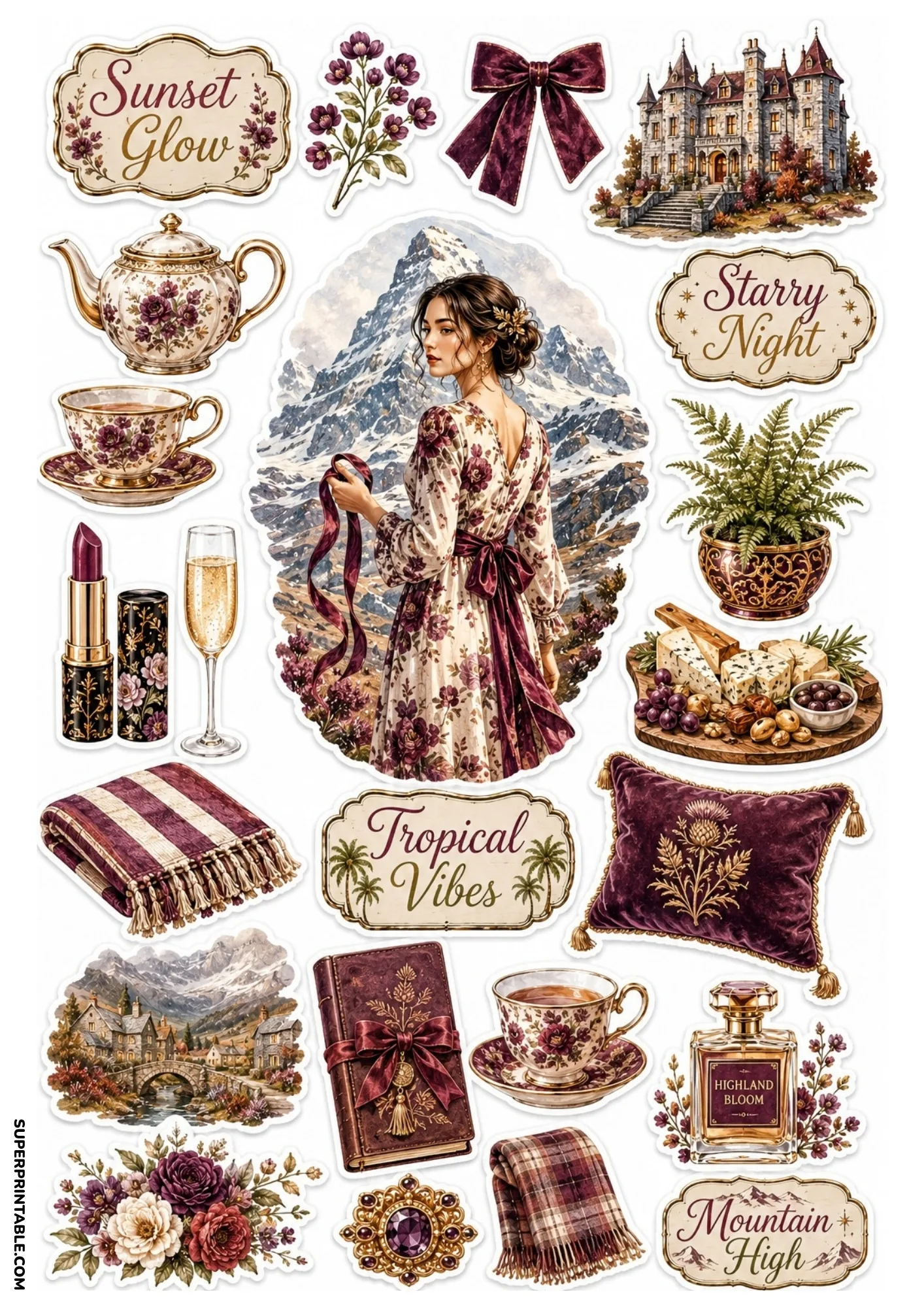 Burgundy floral sticker sheet showcasing a woman before a snowy mountain, velvet thistle pillow, cheese platter, and castle.
