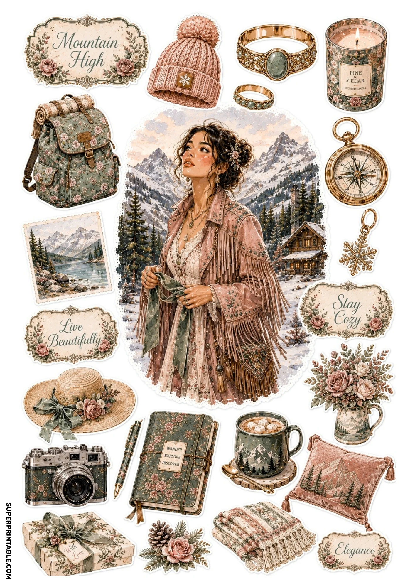 Printable sticker sheet depicting a woman in a pink fringe jacket in snowy mountains, alongside floral backpack, mountain mug, and gift box.