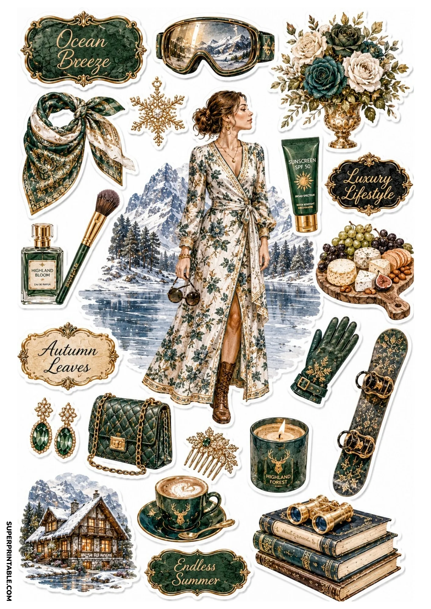 Winter alpine sticker sheet with a woman in a floral wrap dress before mountain peaks, cheese board, winter chalet, and ski gear.