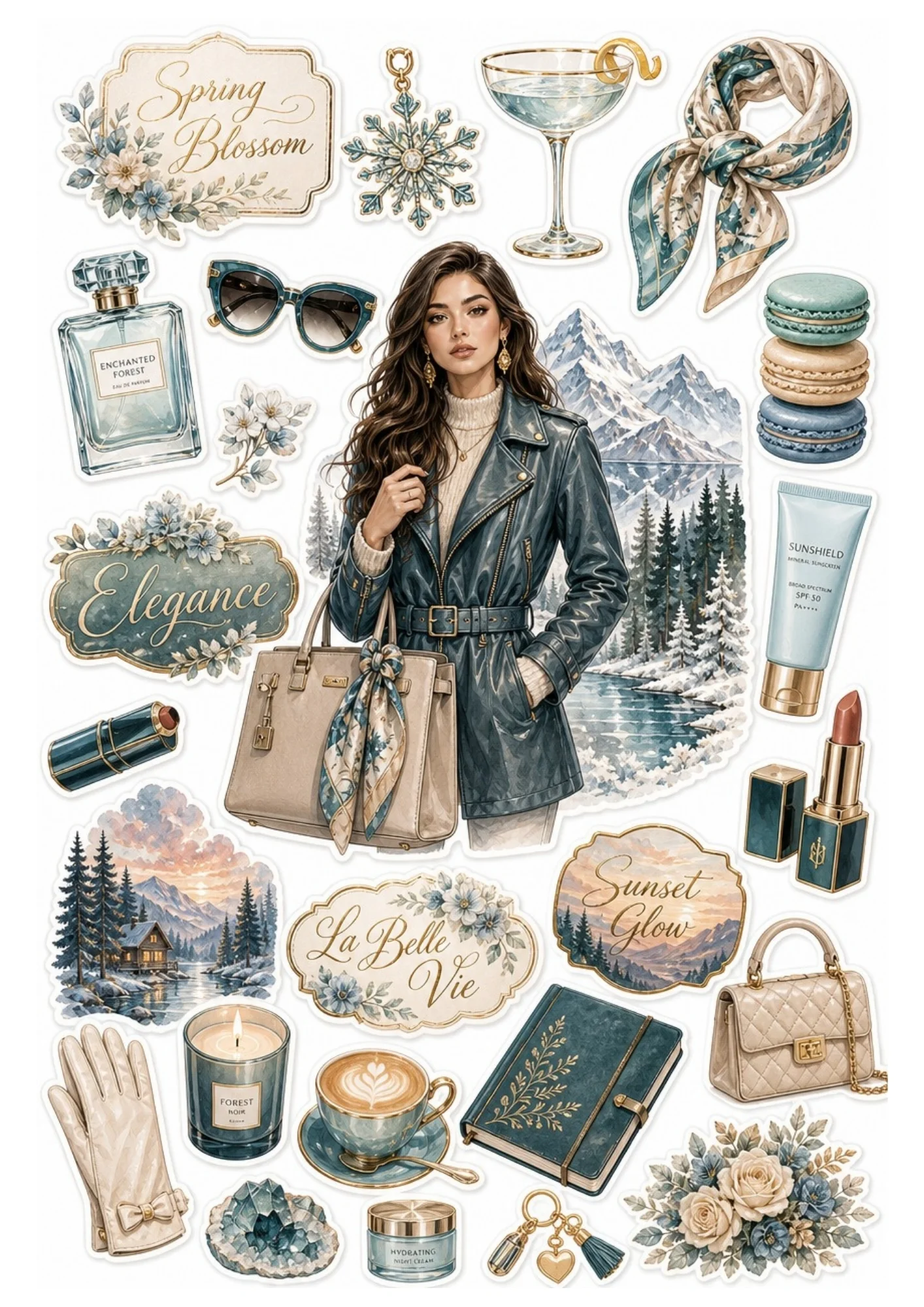 Sticker sheet of a woman in a leather coat before snowy peaks.