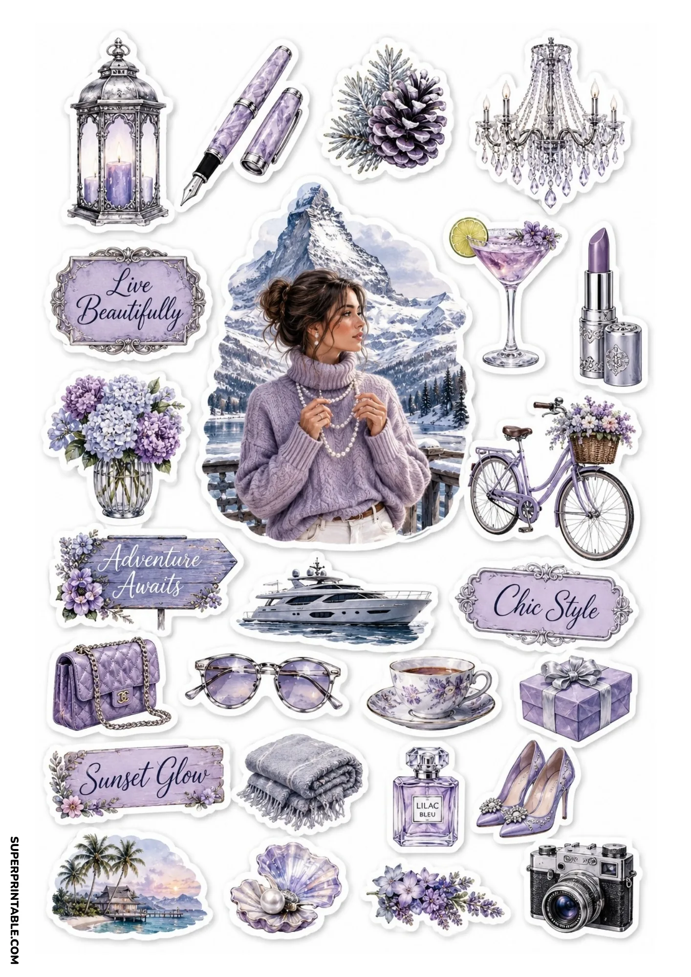 Printable sticker sheet featuring a woman before alpine snow peaks, surrounded by soft lilac stickers including a grey luxury yacht, lilac bicycle, high heels, and purple crystal chandelier.