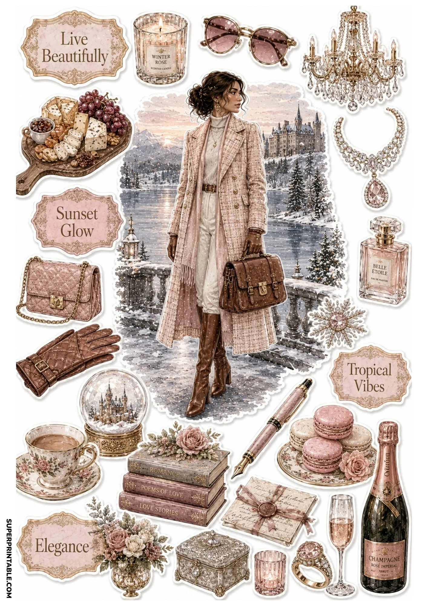 Watercolor sticker collection showing a woman in a plaid winter coat on a snowy terrace overlooking a frozen lake castle, surrounded by champagne, macarons, and pearls.