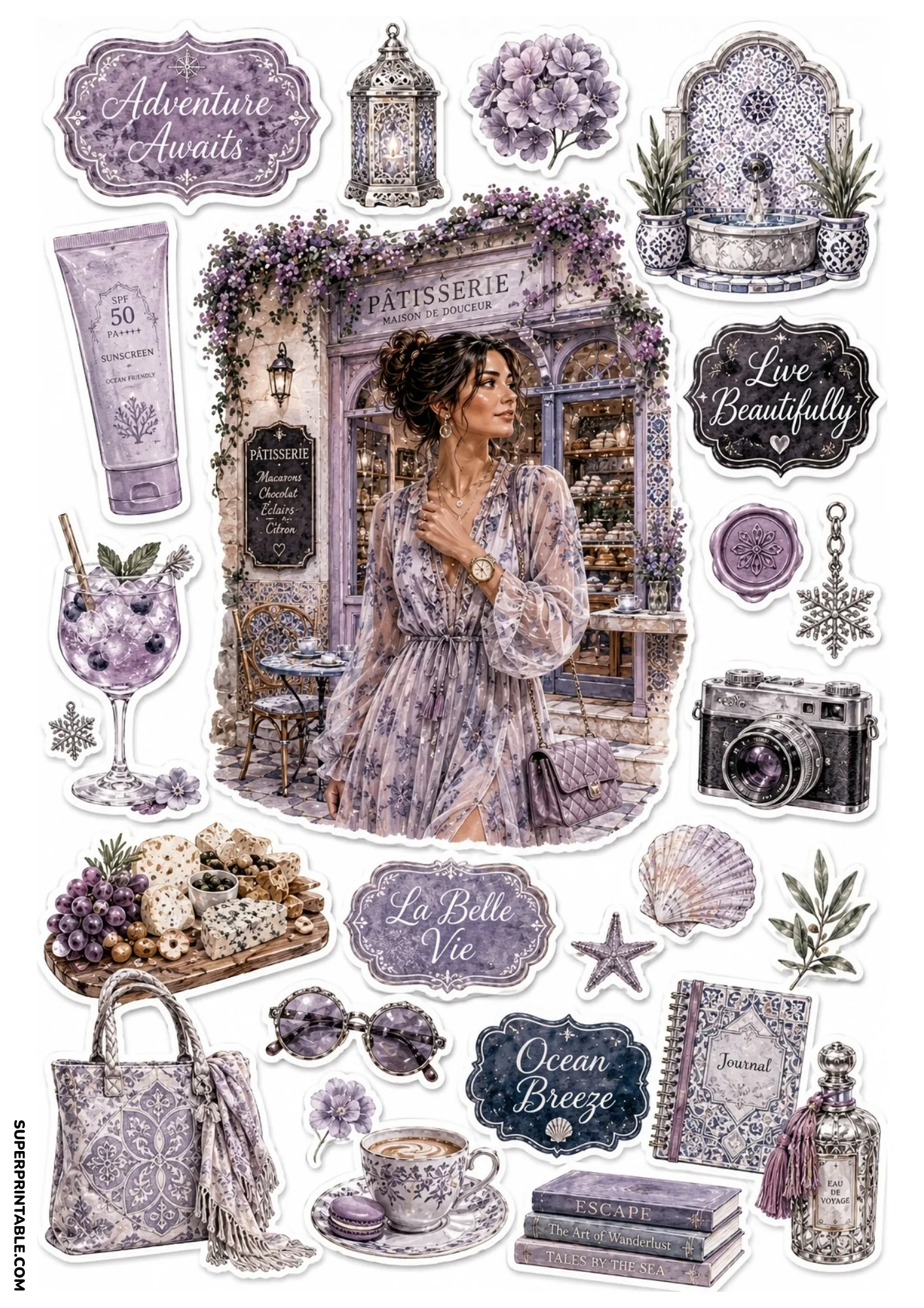 Soft lavender aesthetic sticker sheet featuring a woman outside a patisserie, Moroccan wall fountain, lavender journal, and vintage camera.