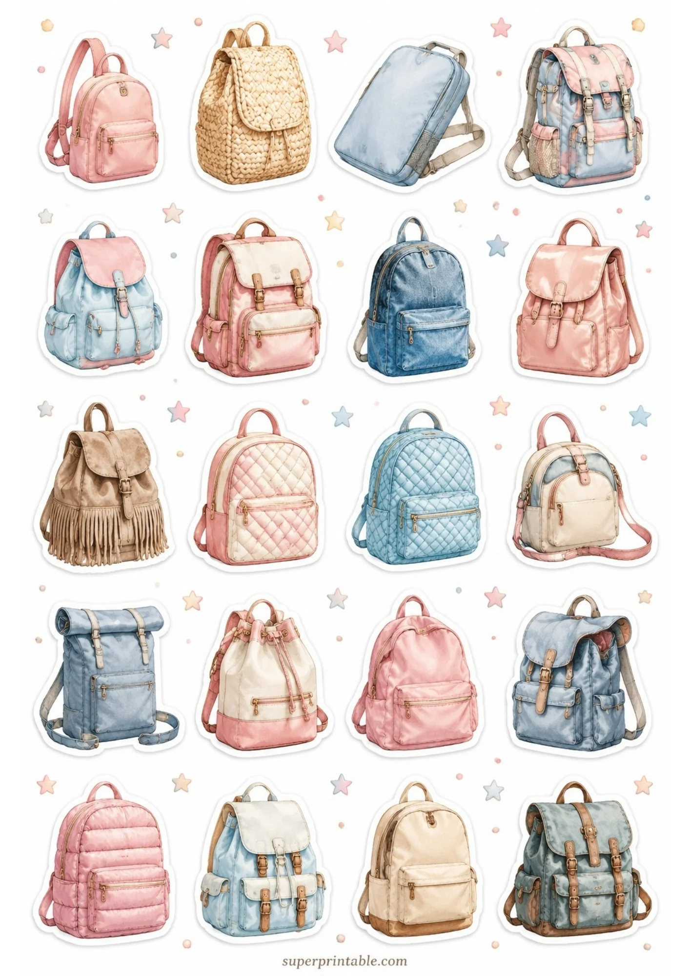 A sheet of printable stickers showcasing twenty individual backpacks in pastel blue, soft pink, cream, and white, with stars scattered on the background.