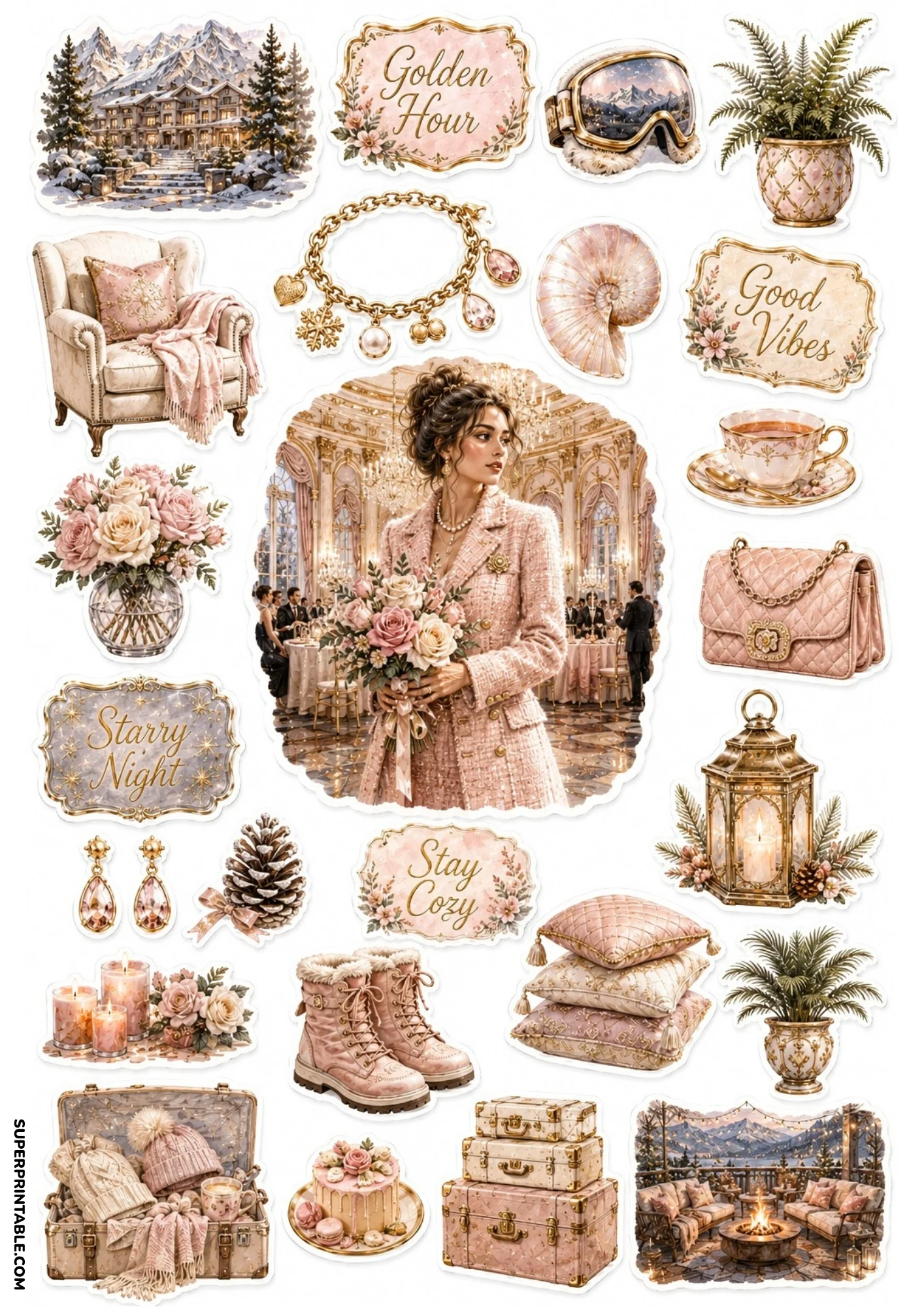 Printable sticker sheet with pastel pink artwork featuring a woman in a tweed suit with roses, gilded ballroom, luxury luggage, candles, and winter boots.