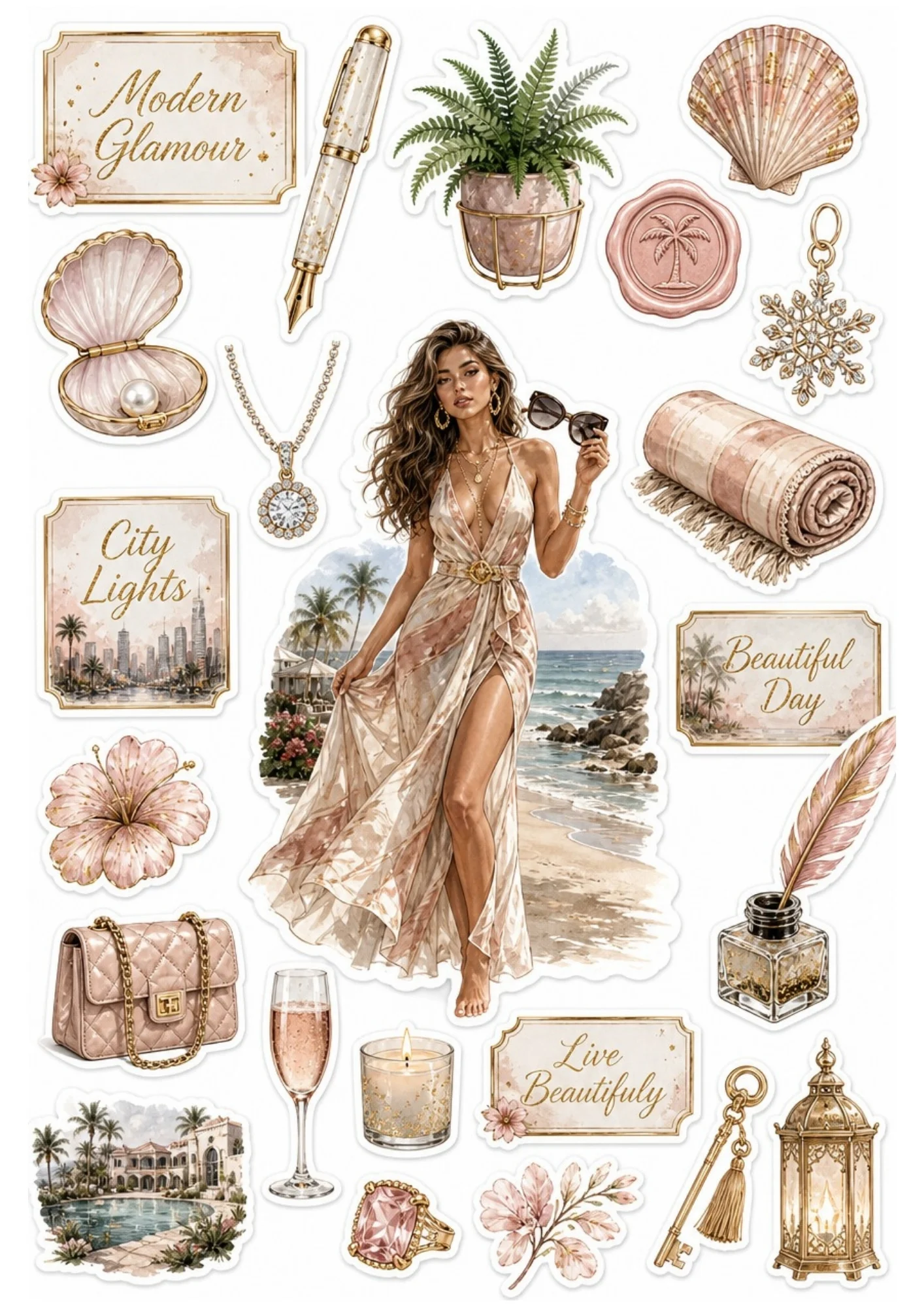 Printable sticker sheet displaying a woman in a nude watercolor dress walking on a beach, open clam shell pearl, quill pen, and pink quilted purse.