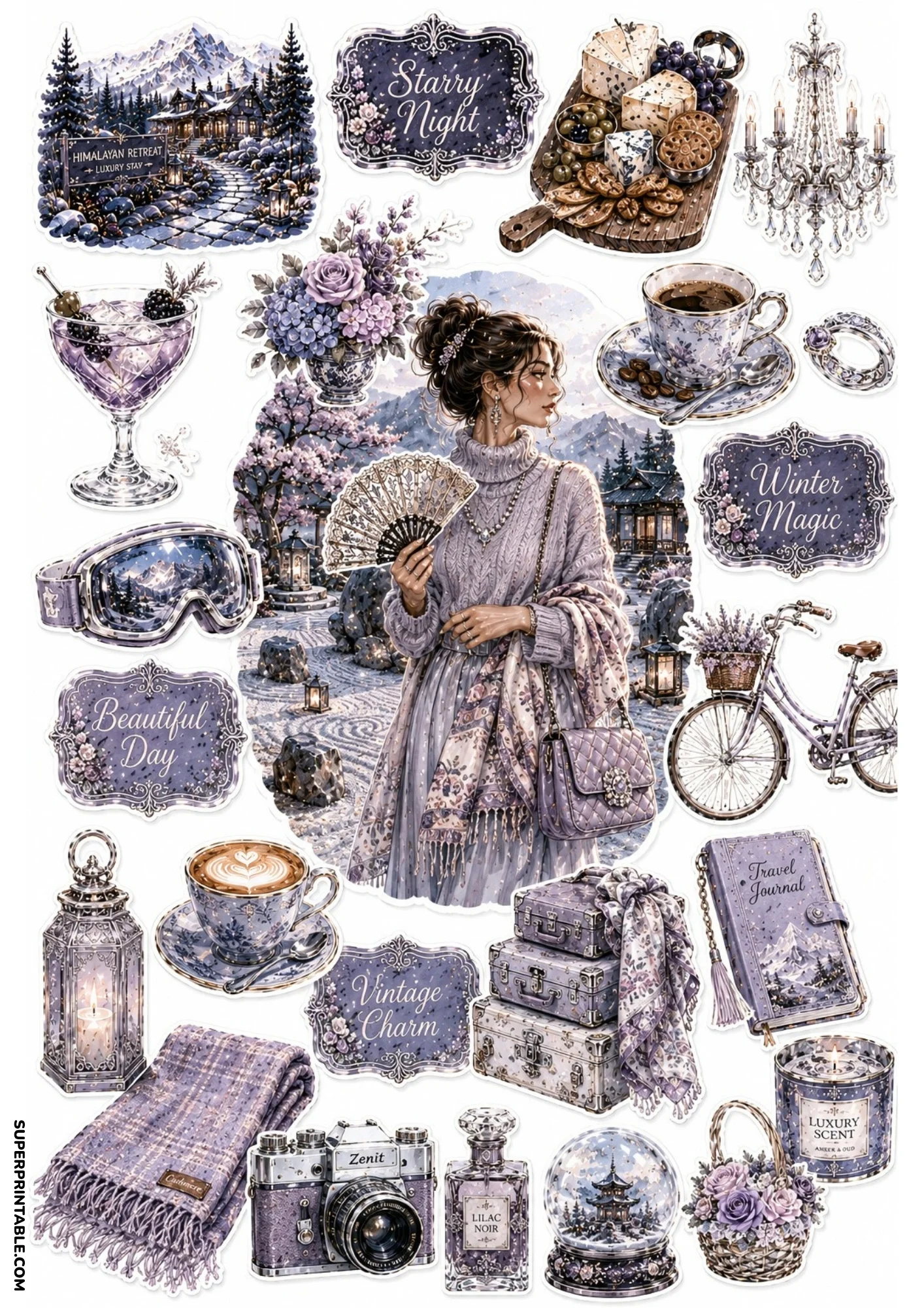 Sticker sheet in soft purple and lilac tones showing a woman in a winter garden holding a fan, purple bicycle, crystal chandelier, and lavender flower basket.