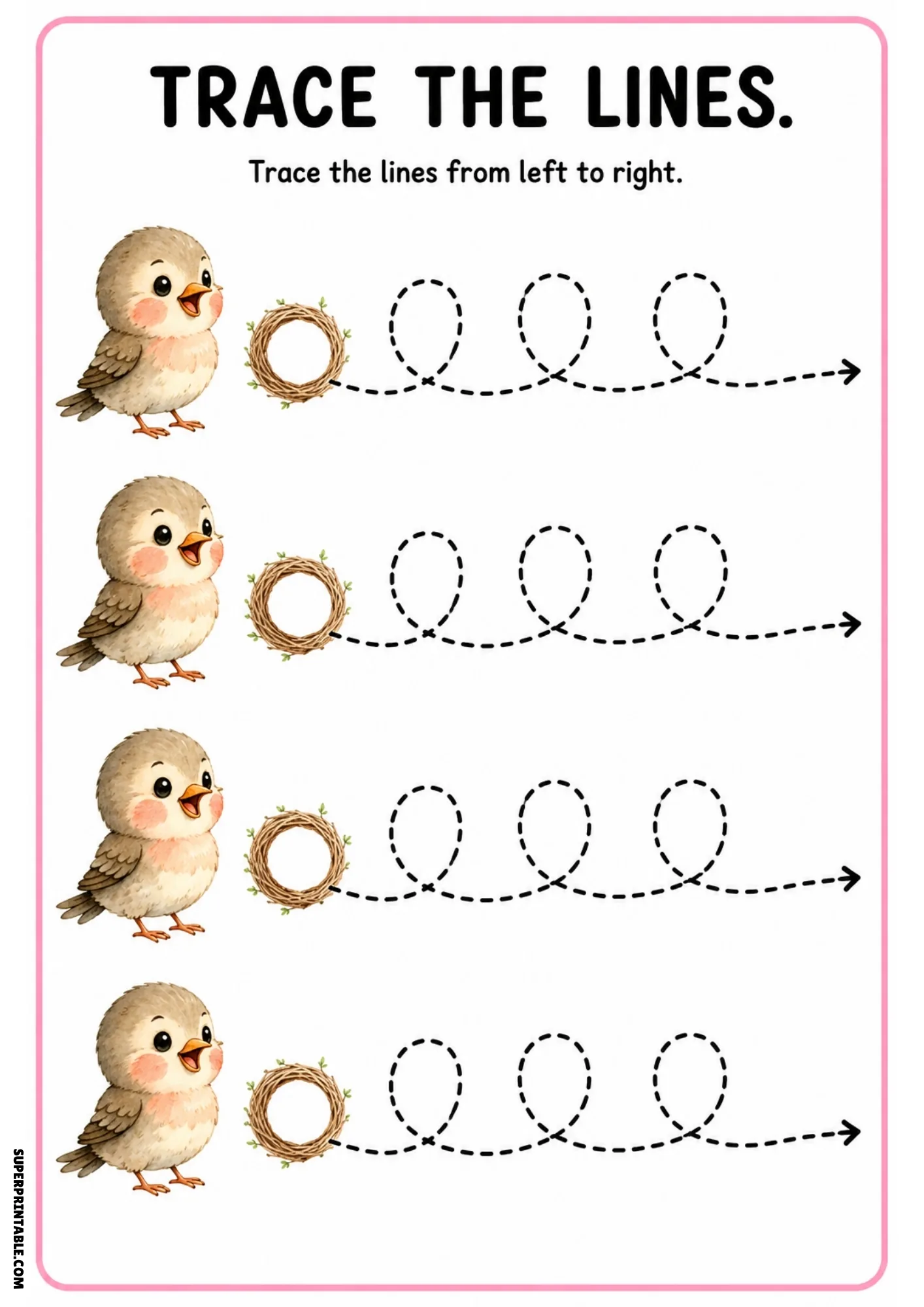 Line tracing worksheet featuring four songbirds next to nests and looping dashed paths.
