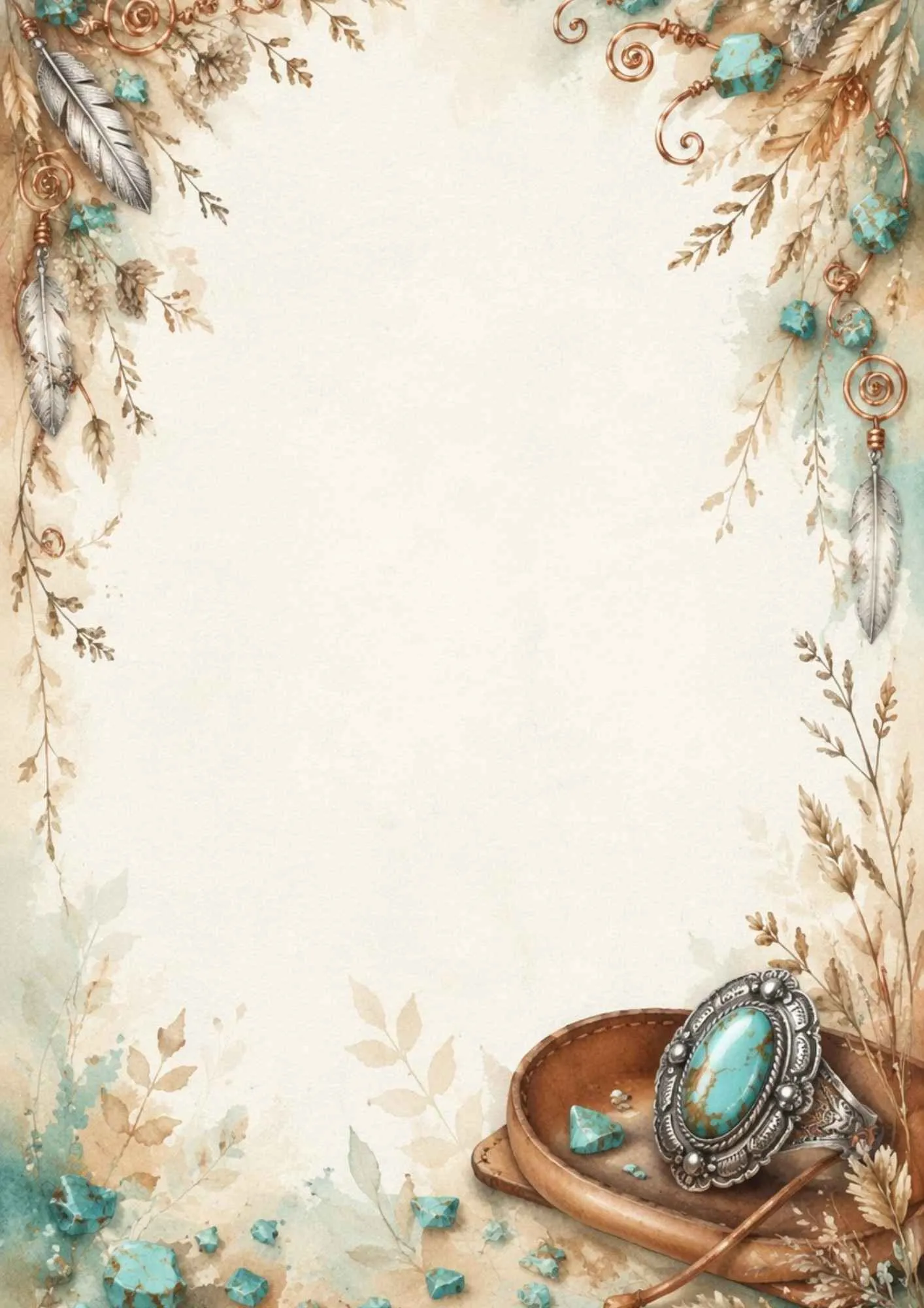 A watercolor writing page featuring a silver southwestern ring with a turquoise stone in a leather tray, with feathers and wheat.
