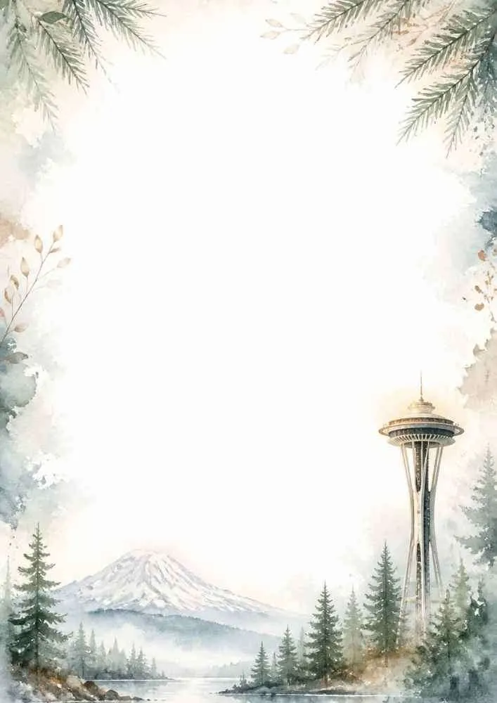 An elegant writing page featuring the Seattle Space Needle and a snow-capped Mount Rainier framed by pine trees and branches in a green watercolor wash.