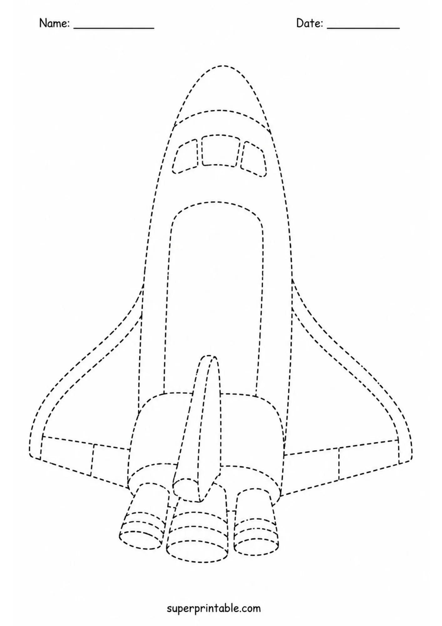 Black and white line art tracing sheet depicting a space shuttle spacecraft with thruster engines in dashed lines.