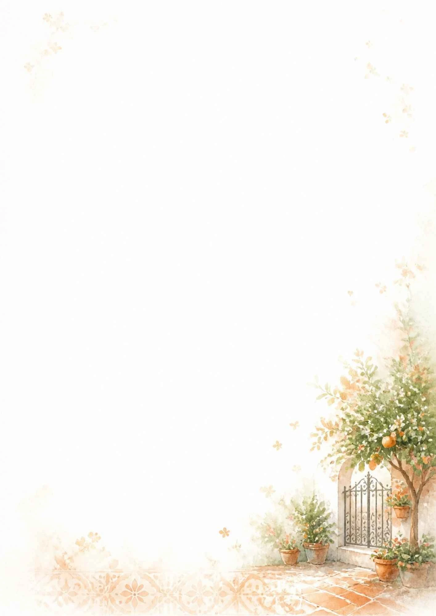 A watercolor courtyard scene with an orange tree, potted plants, a wrought iron gate, and a tiled walkway.