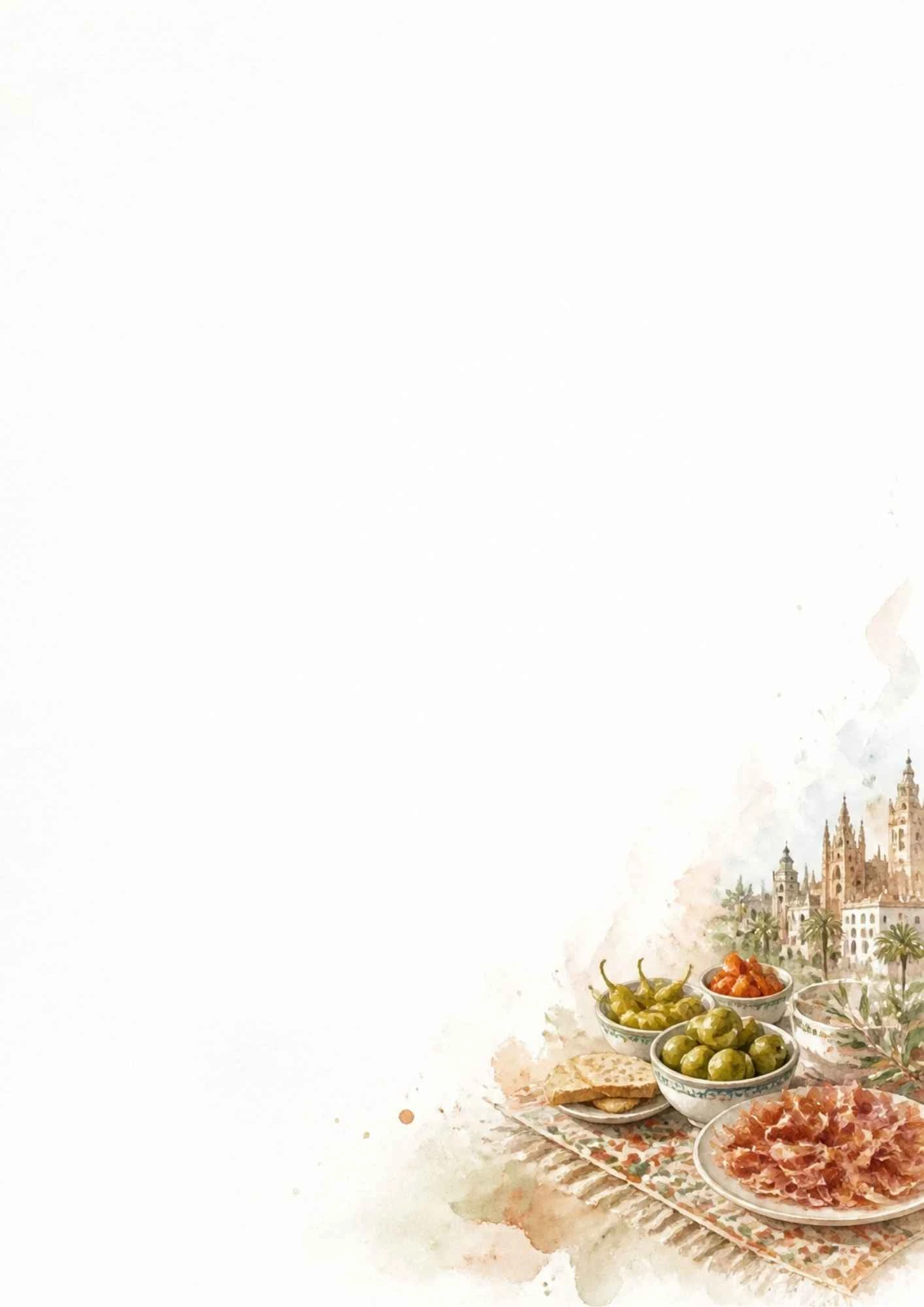 A watercolor drawing of a plate of cured ham, bowls of green olives, padron peppers, and bread slices on a table.