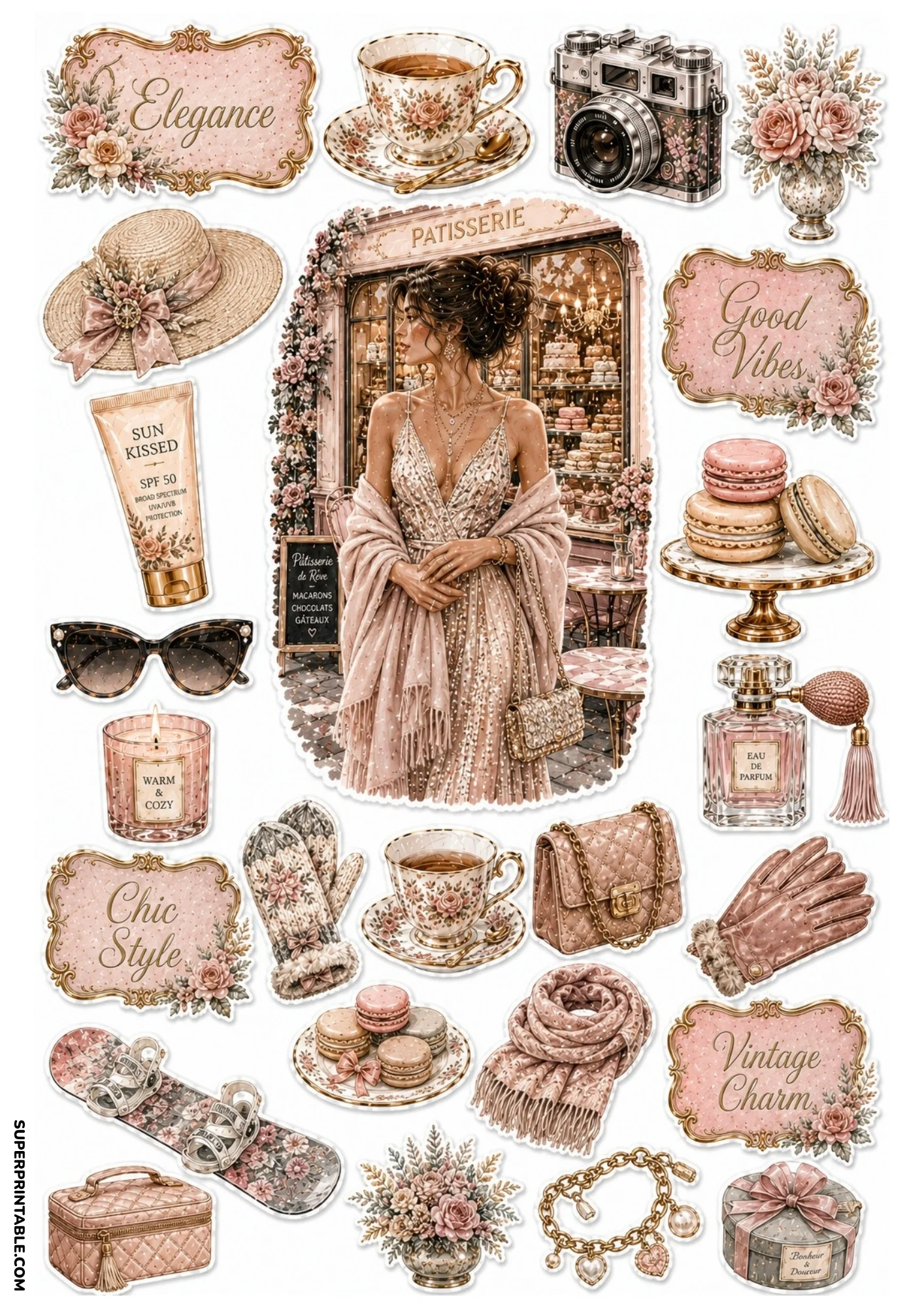 Dusty pink sticker sheet illustrating a woman in a sparkling gown outside a bakery, macaron stack, teacups, sun hat, and ornate vintage labels.