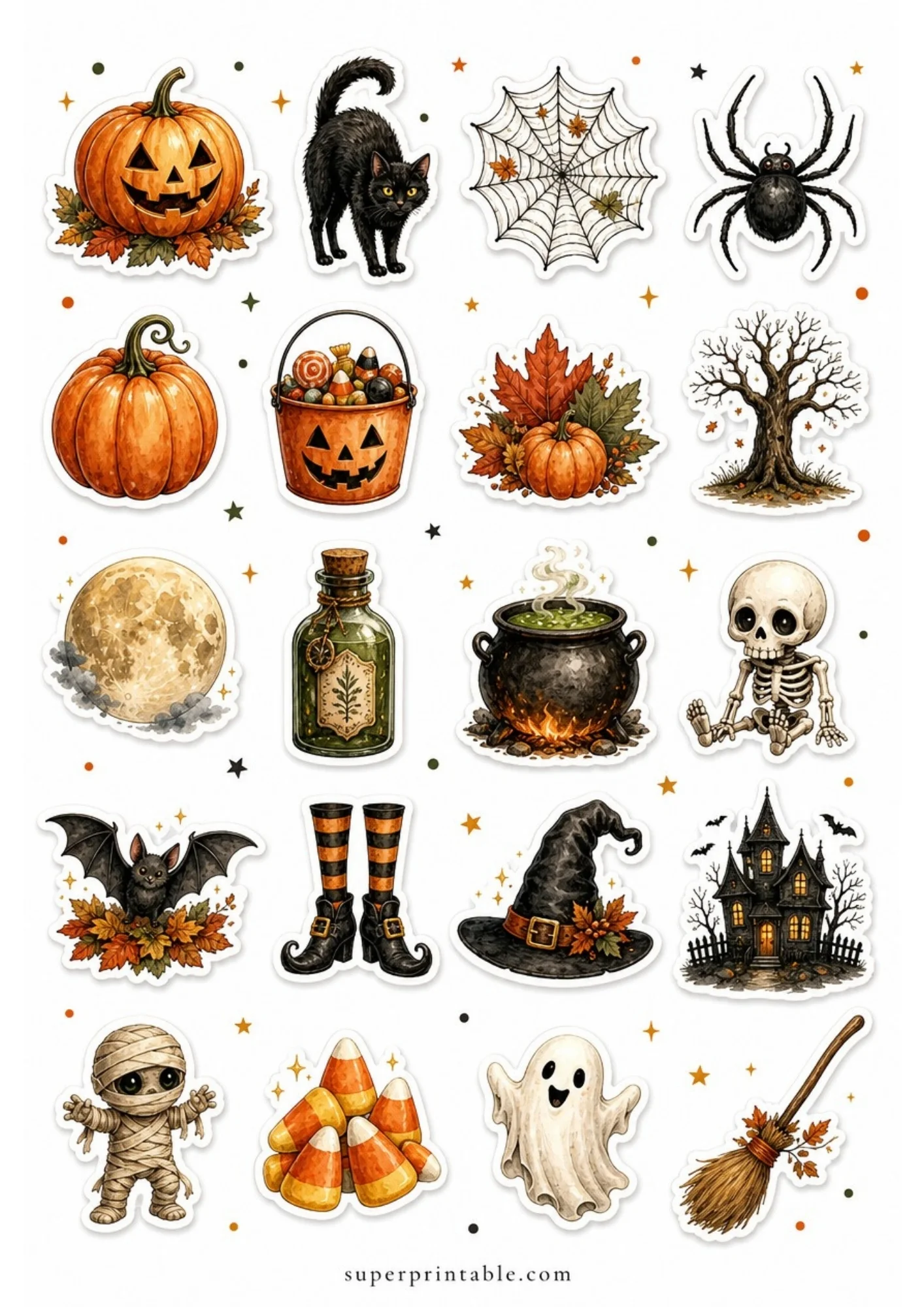 A printable sticker page featuring twenty spooky Halloween watercolor icons, including jack-o-lanterns, black cats, skeletons, mummies, and potion bottles.