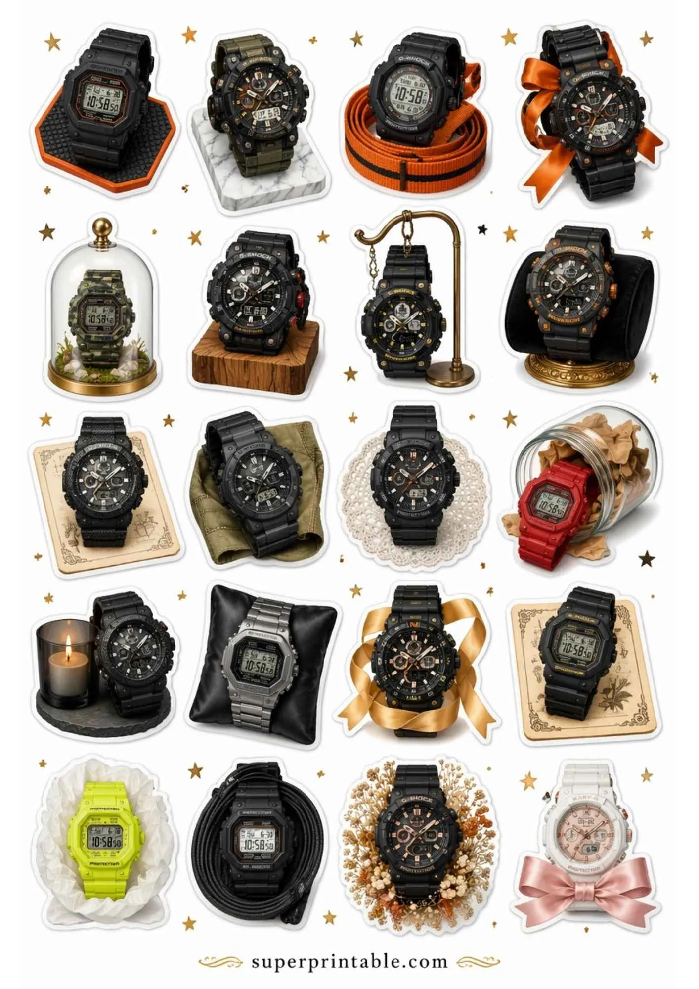 A sheet of printable stickers featuring sporty tactical watches with colorful bands like orange, yellow, and red resin.