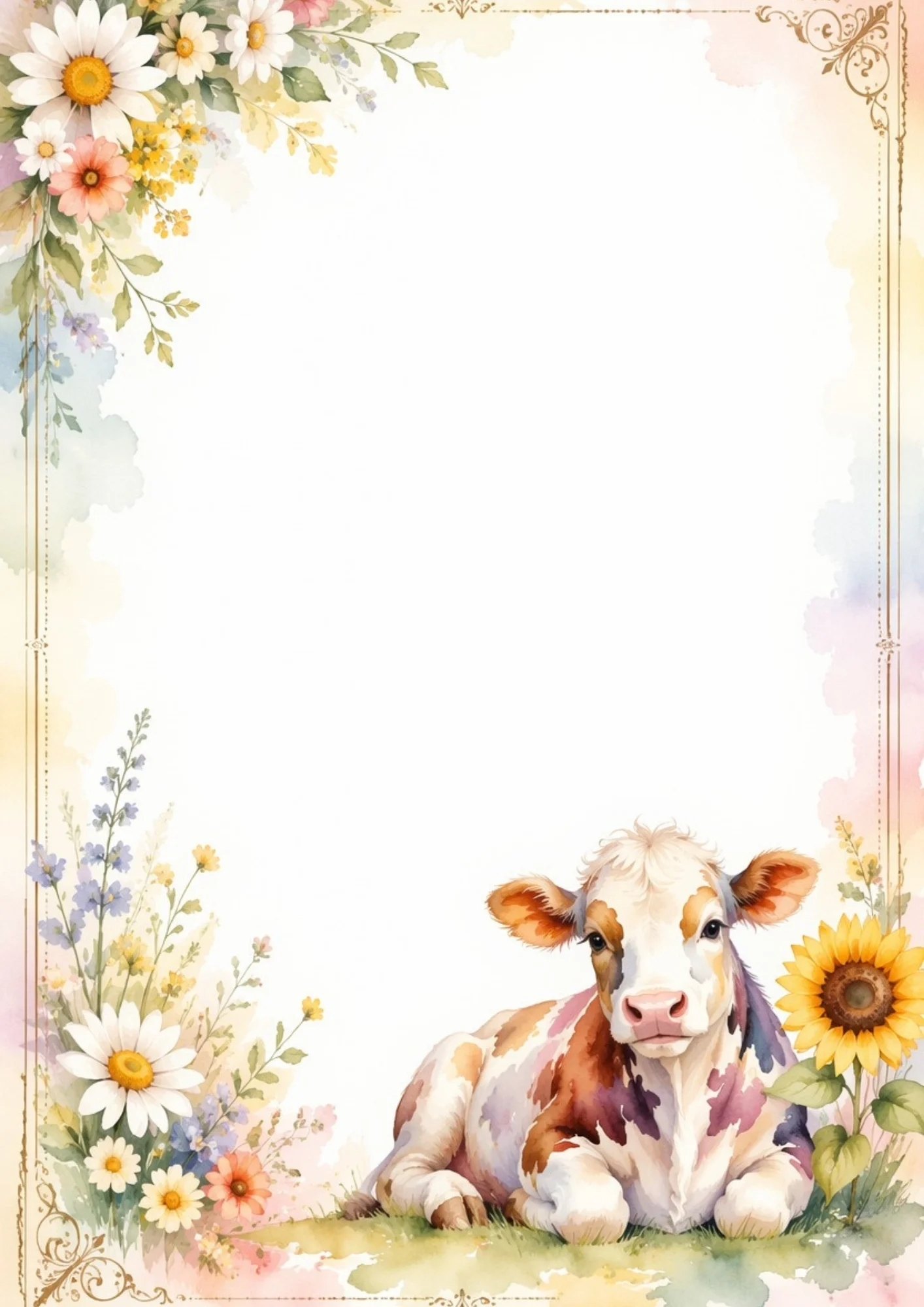 Watercolor page border showing a resting brown spotted cow alongside a sunflower, surrounded by white daisies and delicate gold corner flourishes.