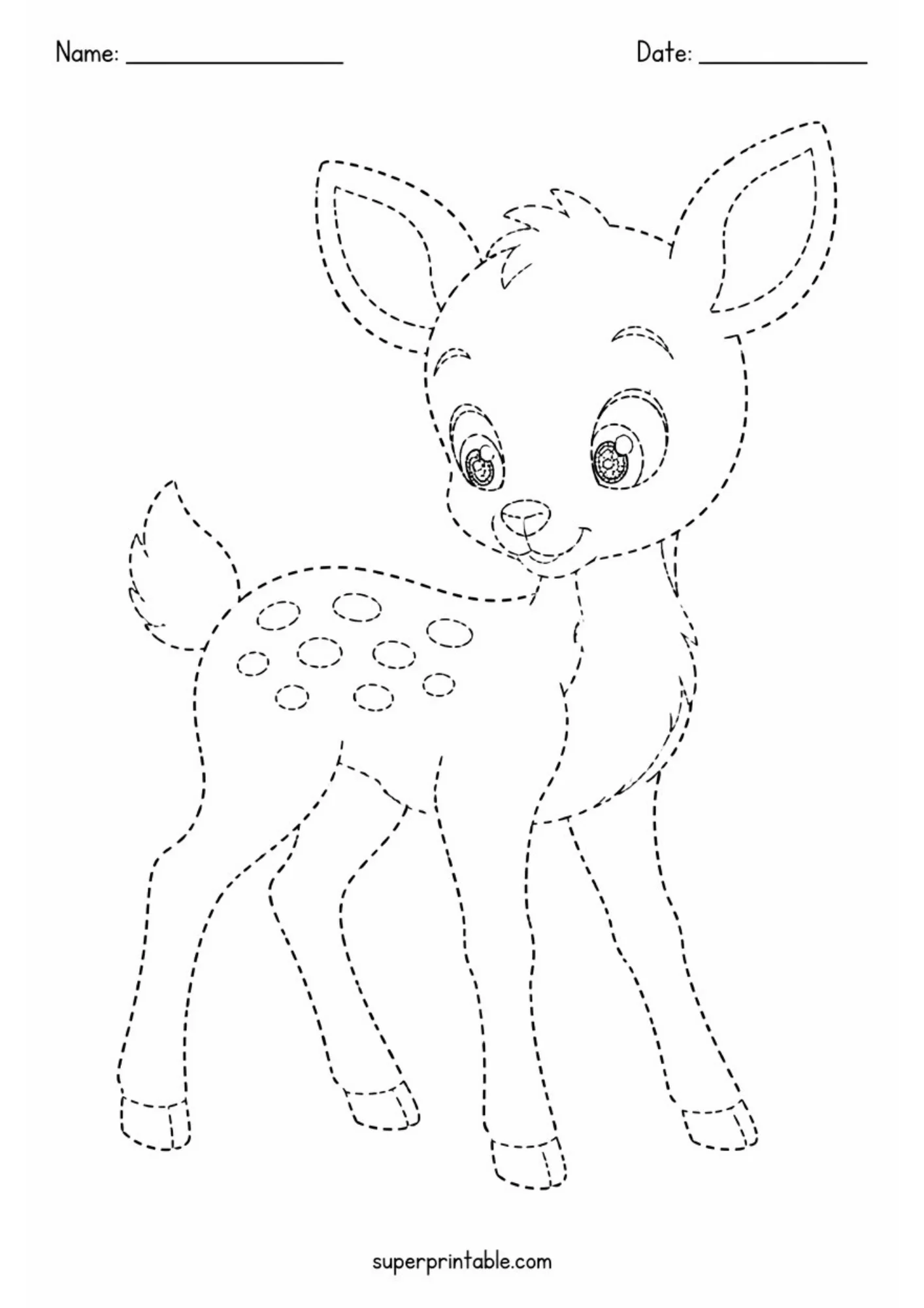 Tracing worksheet with dashed lines illustrating a young fawn standing and turning its head to look back, featuring spots on its flank.