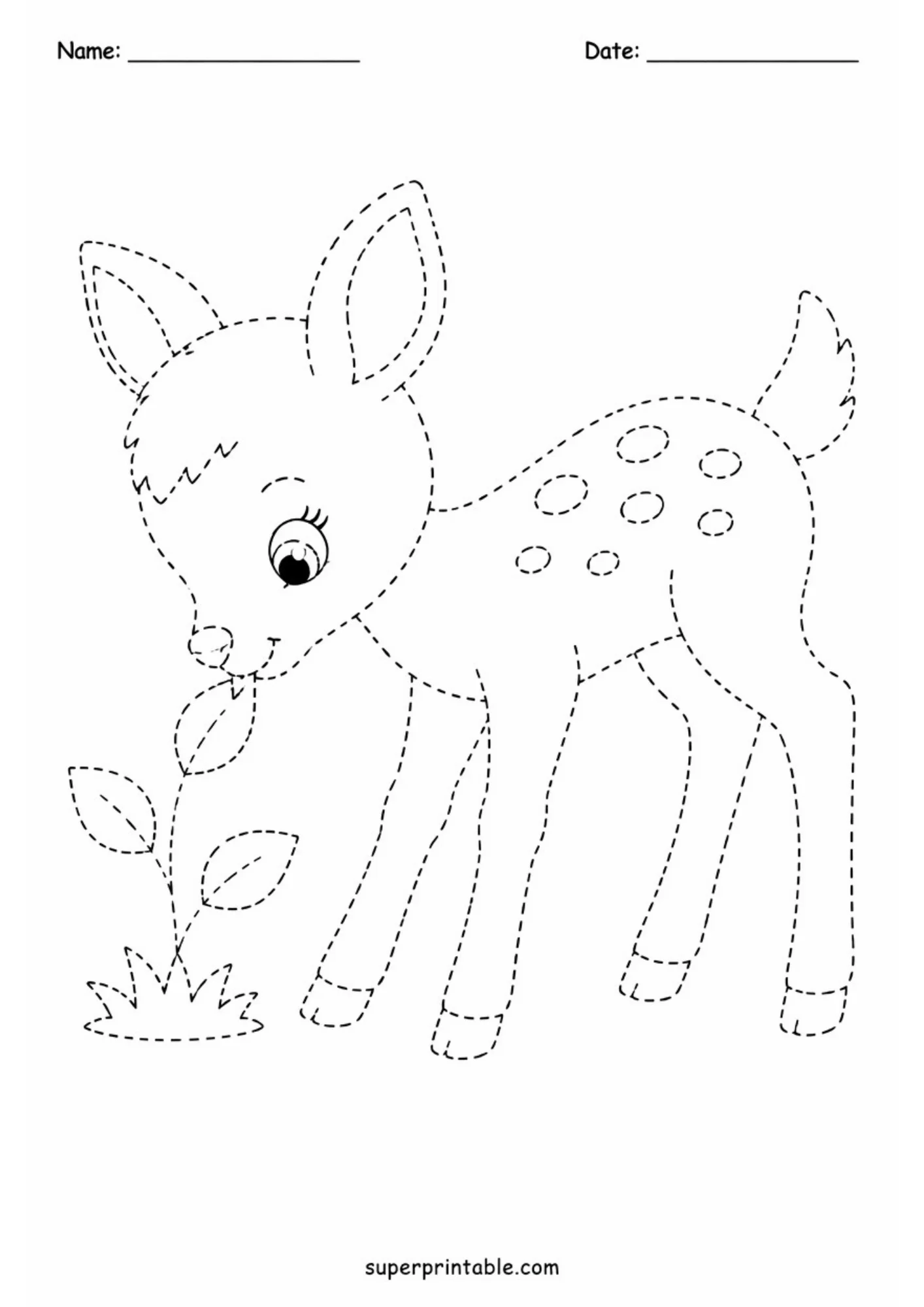 Line tracing printable displaying a young spotted fawn standing outdoors and leaning toward a small leafy plant in grass, outlined with black dashed lines.