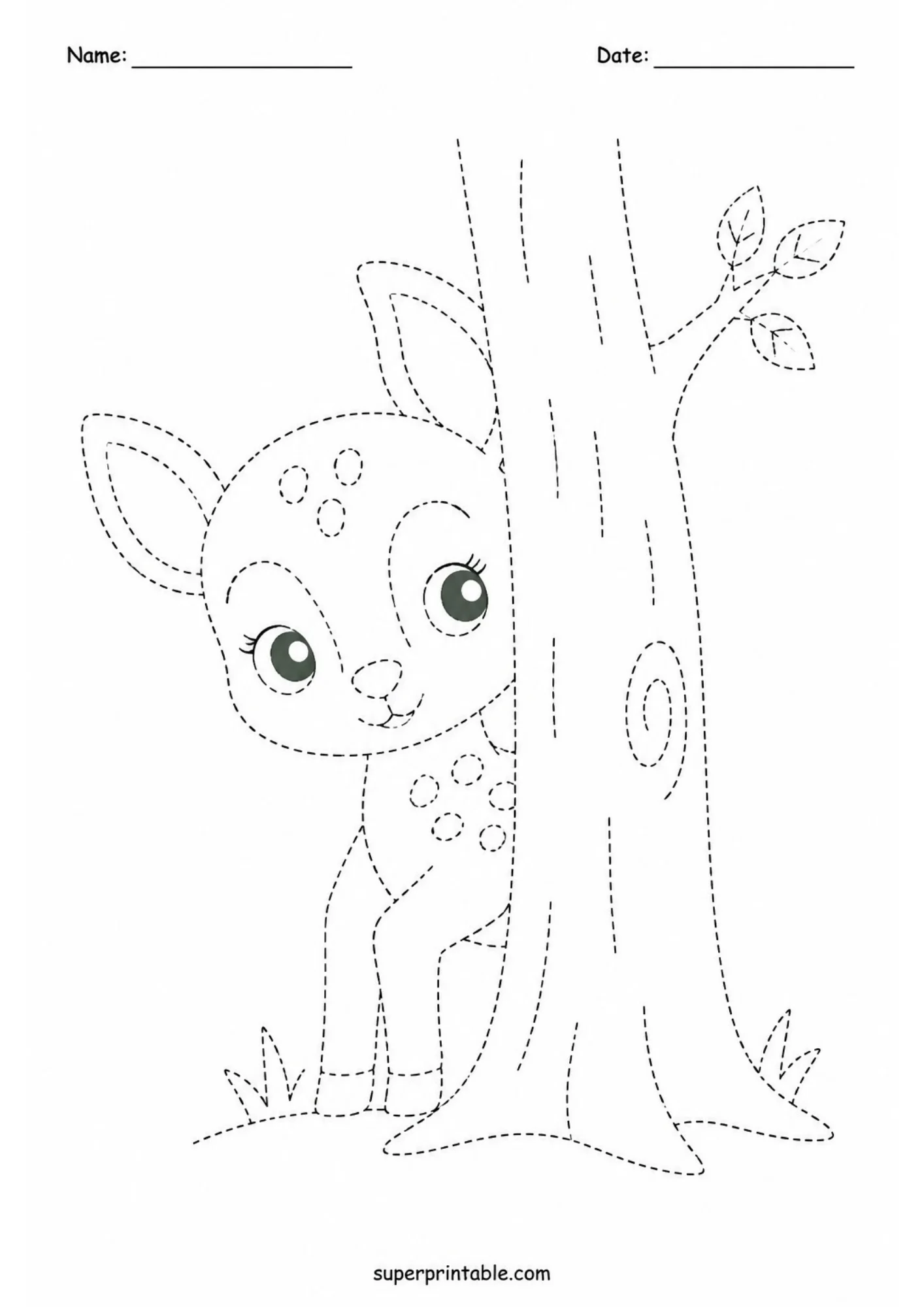 Line tracing activity sheet featuring a young fawn peeking out from behind a large forest tree trunk, rendered with dashed black outlines.