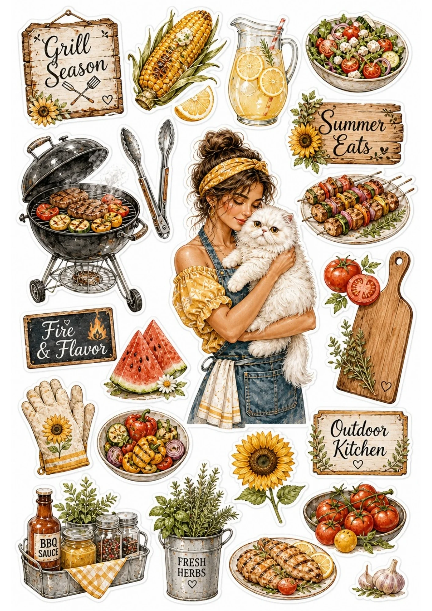 A girl decorating a cake surrounded by spring flowers and a white cat. Surrounding stickers include floral arrangements, pastel cakes, and text saying 'Sweet Spring' and 'Baked with Joy'.