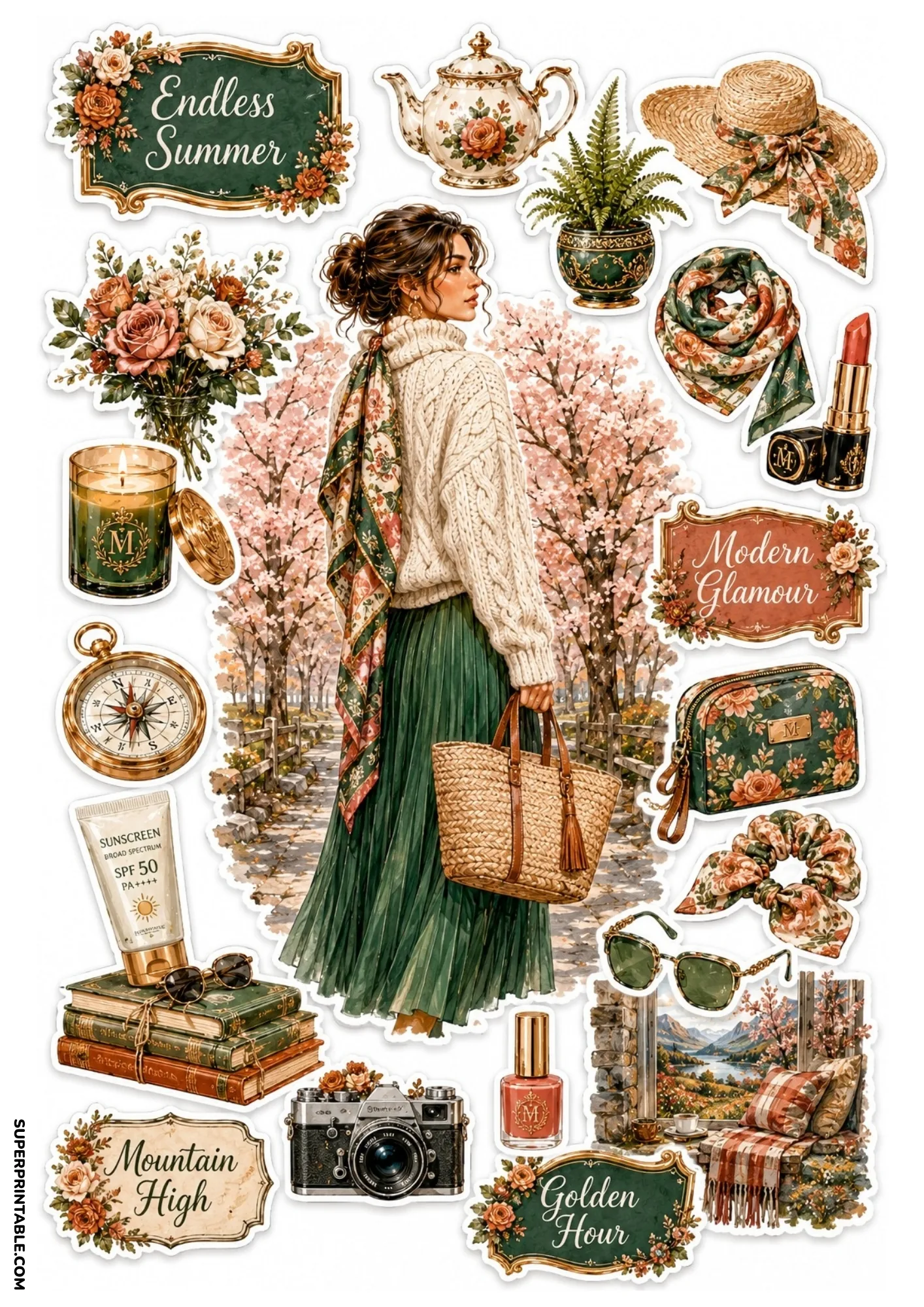 Printable sticker sheet showcasing a woman walking beneath pink blossom trees, straw tote bag, vintage camera, and floral decor.
