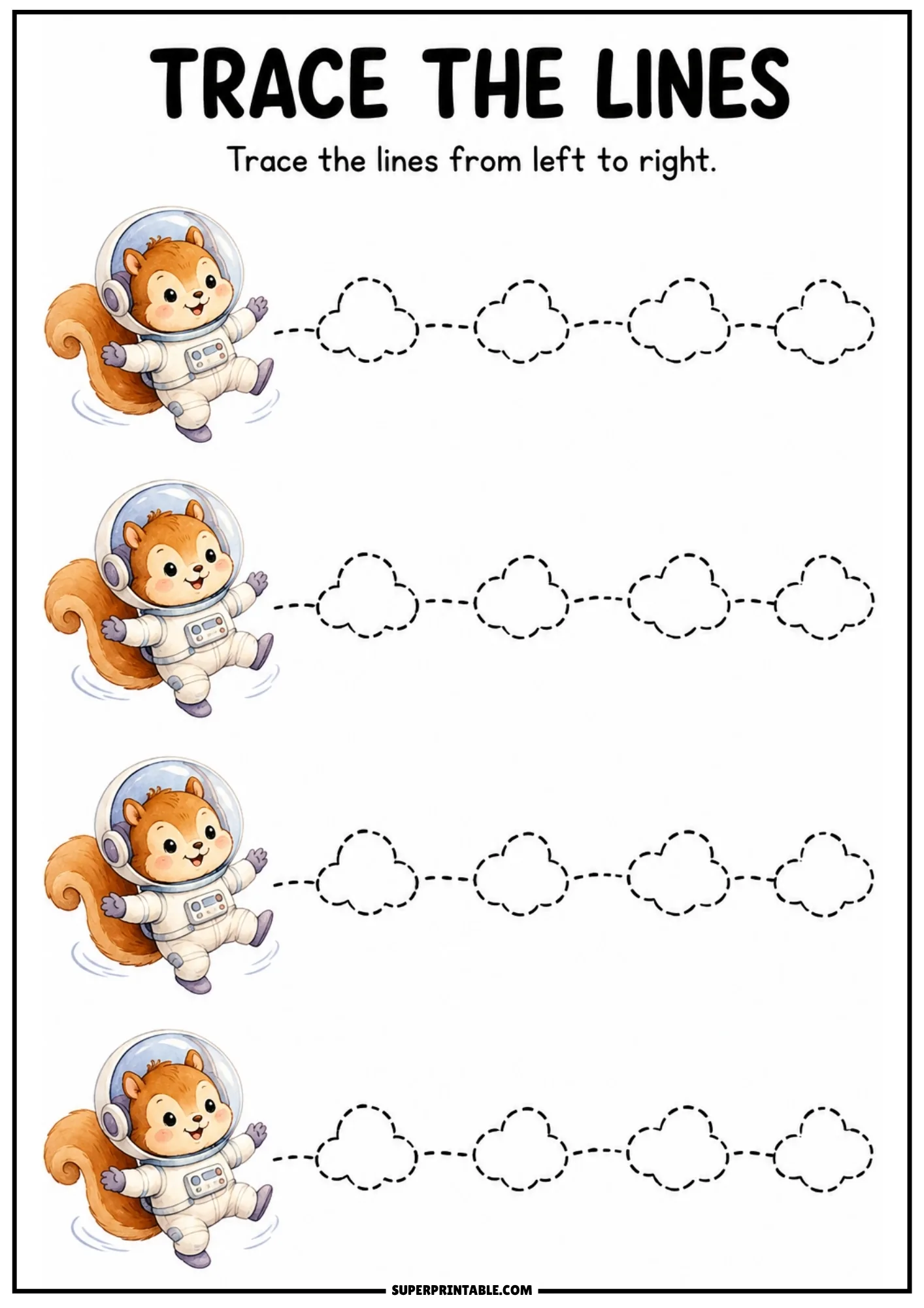 Color line tracing activity with squirrel astronauts in spacesuits floating toward rows of dashed clouds.