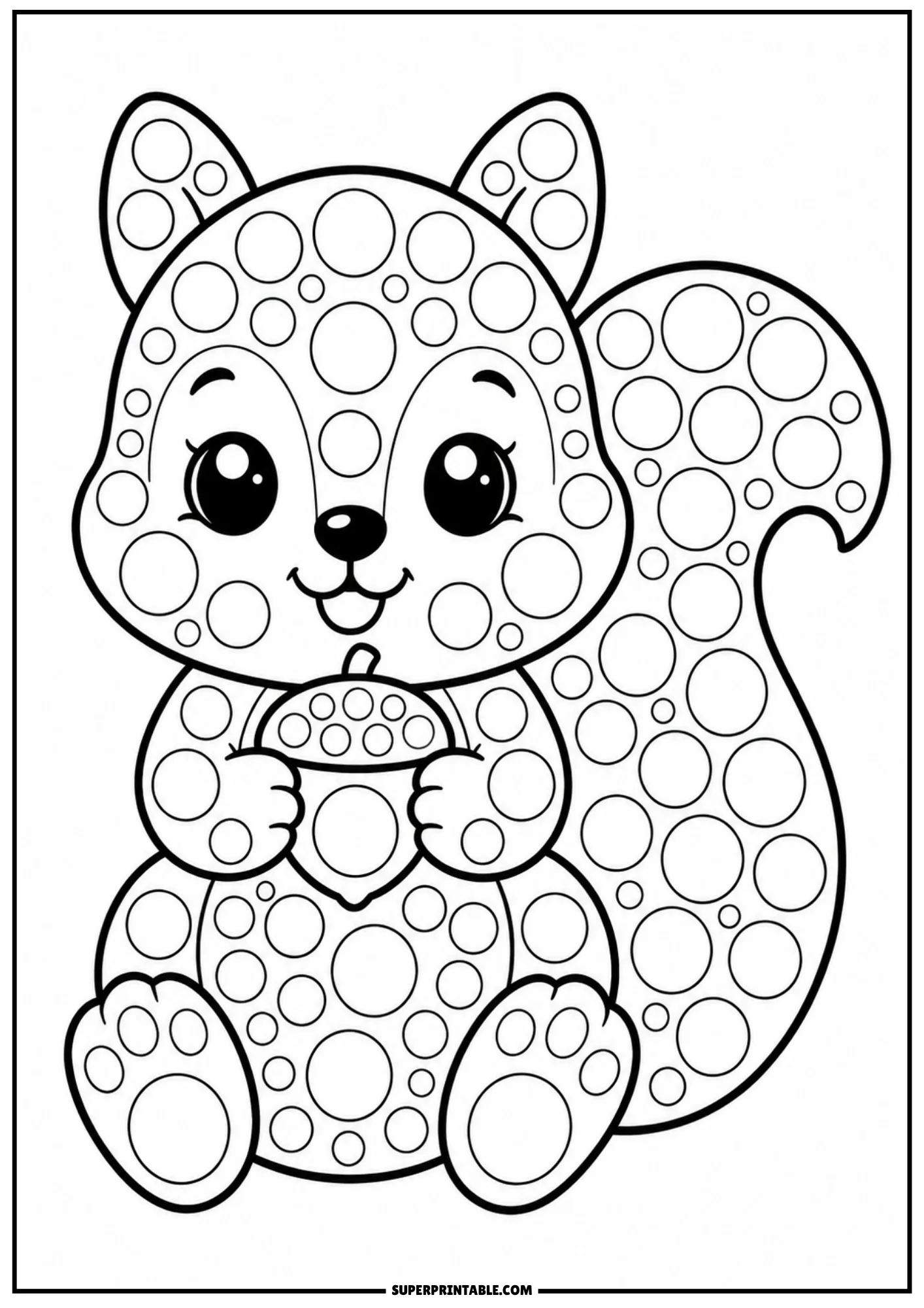 A cute cartoon squirrel sitting down and holding a large acorn, covered in circular dot markers.