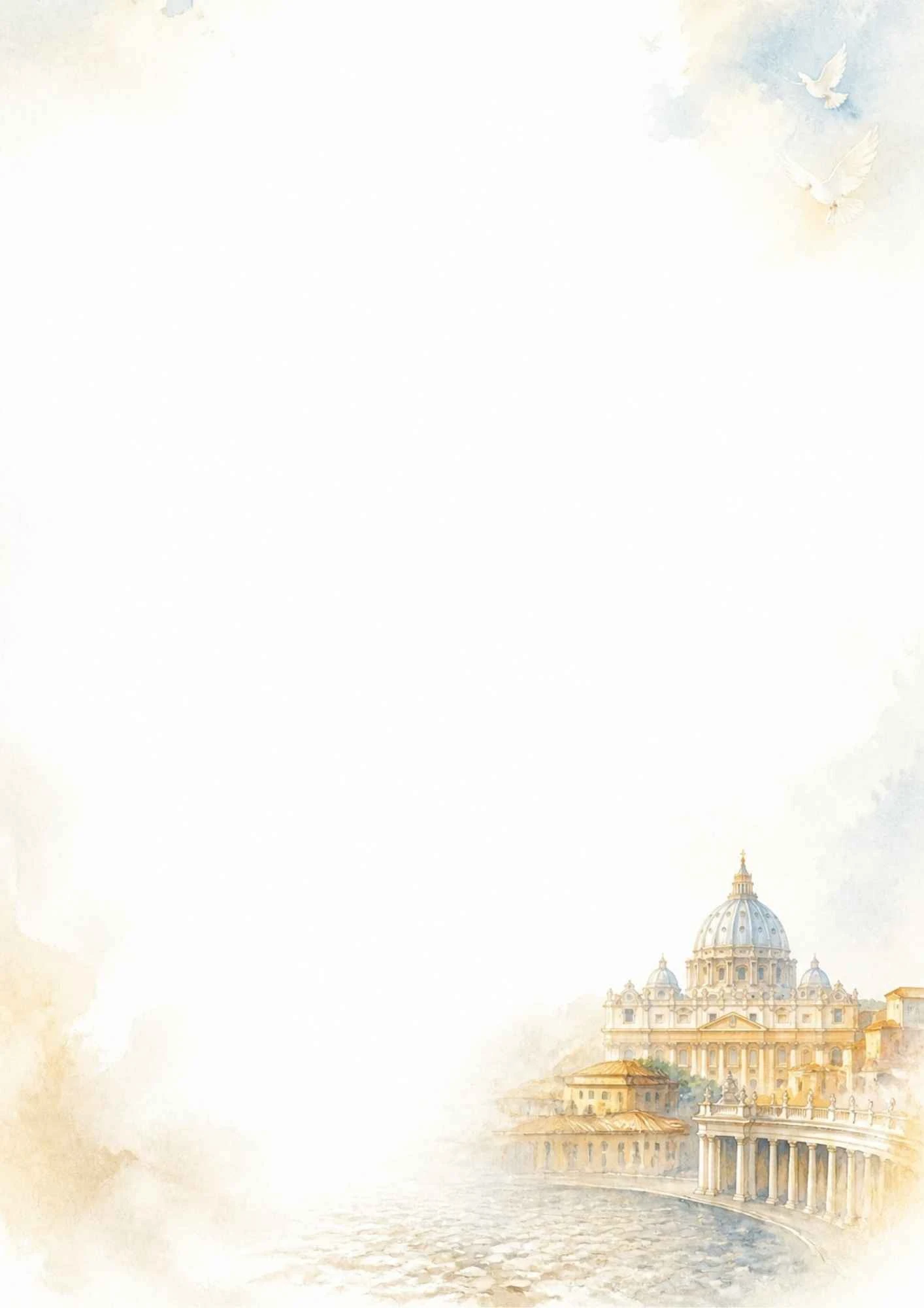 A watercolor painting of St. Peter's Basilica with two white doves in the sky.