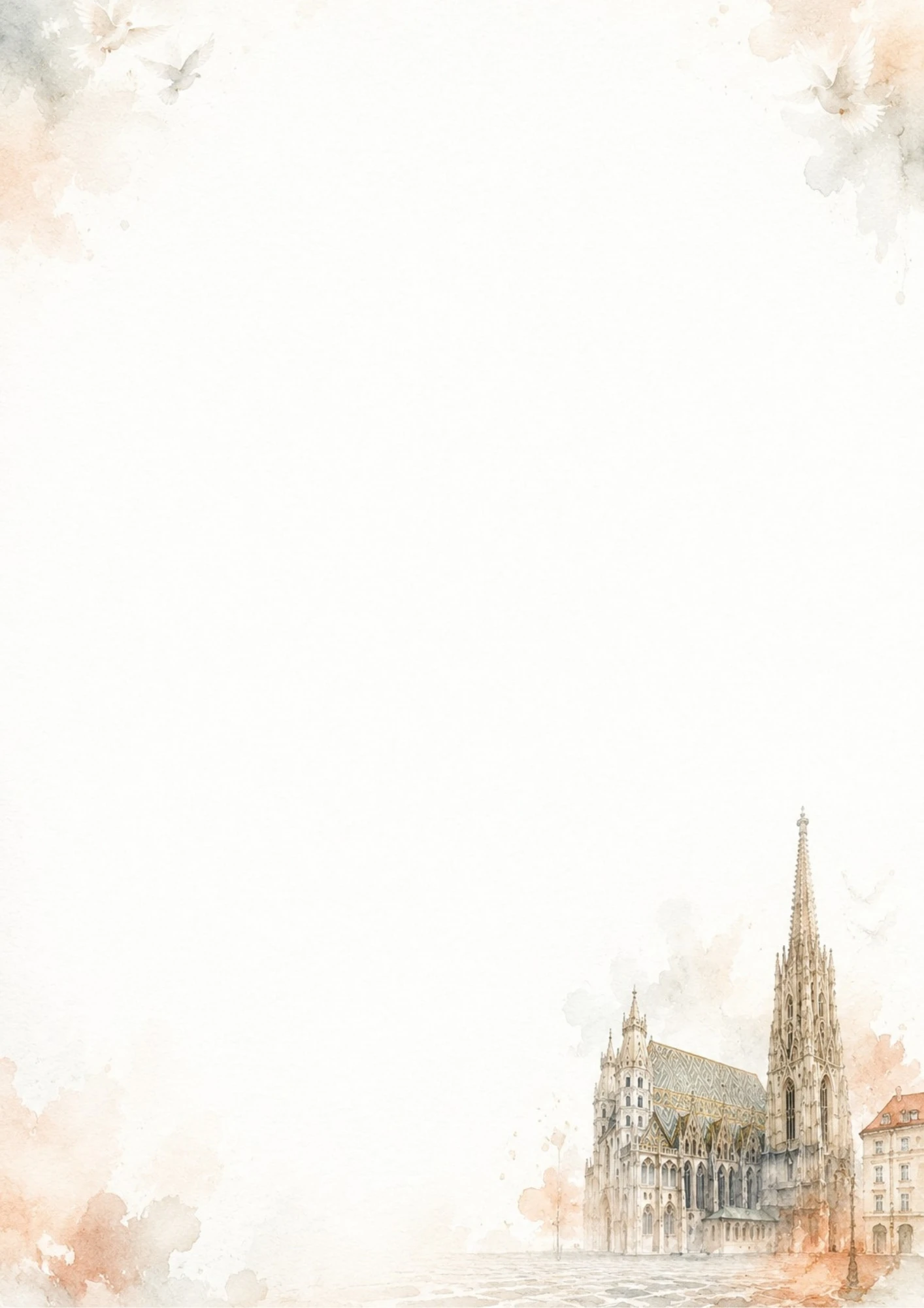 A watercolor sketch of St. Stephen's Cathedral spire and its colorful patterned tiled roof in Vienna.