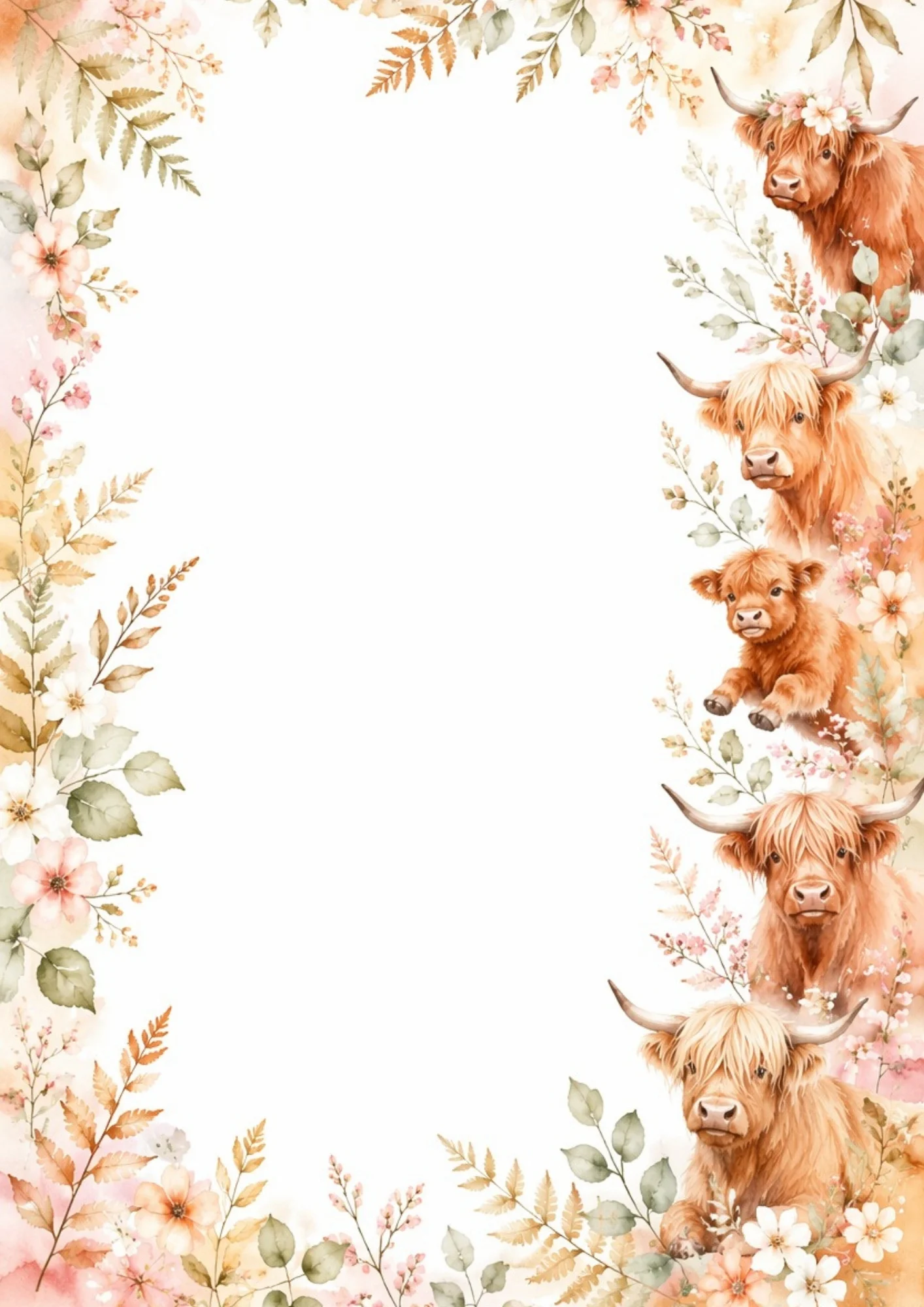 A vertical group of five Highland cows and calves illustrated along the right border, balanced by autumn fern leaves and soft pink flowers on the left.
