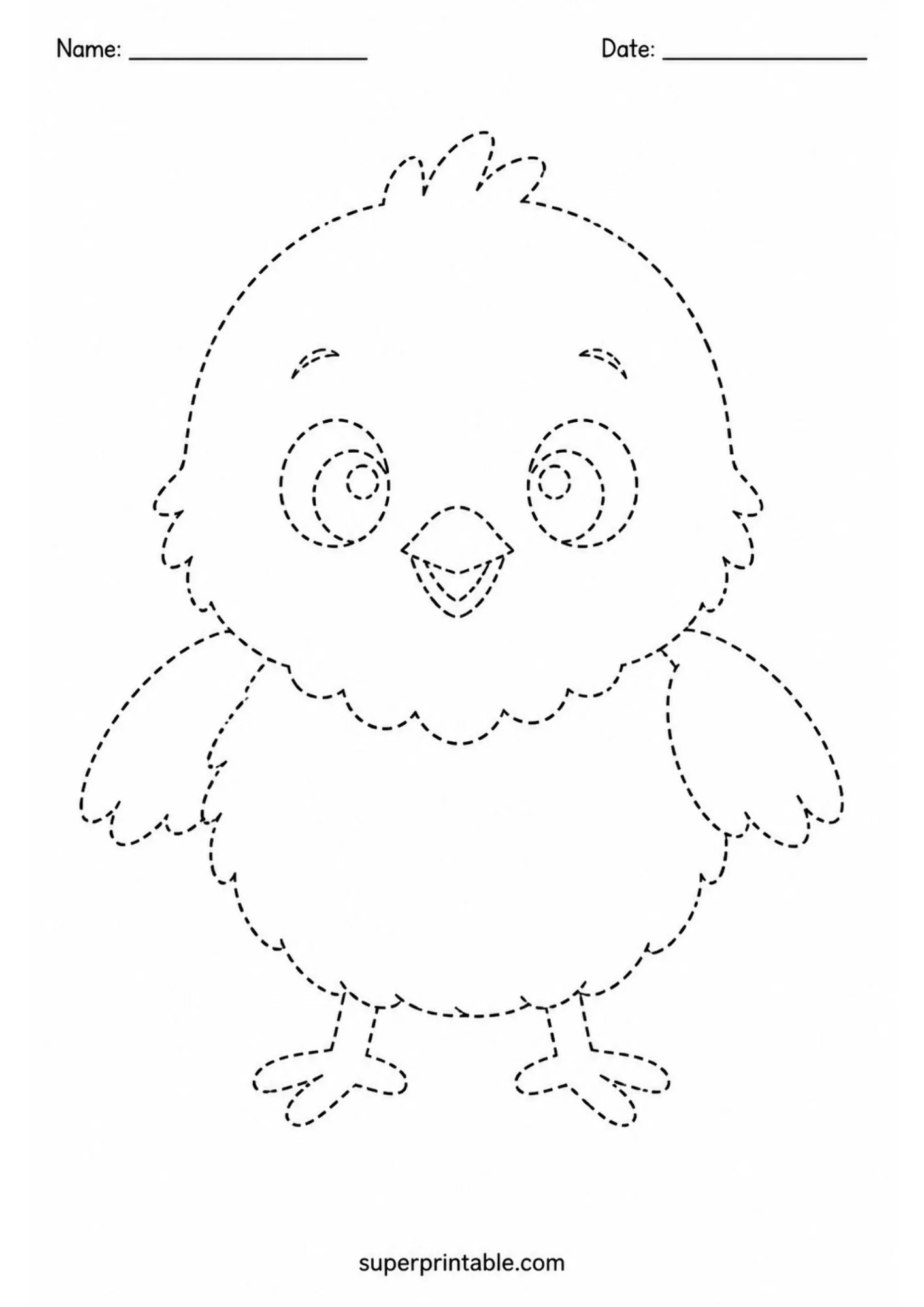 Printable line tracing activity page depicting a standing baby chick with outstretched wings, scalloped neck feathers, and dashed outlines.