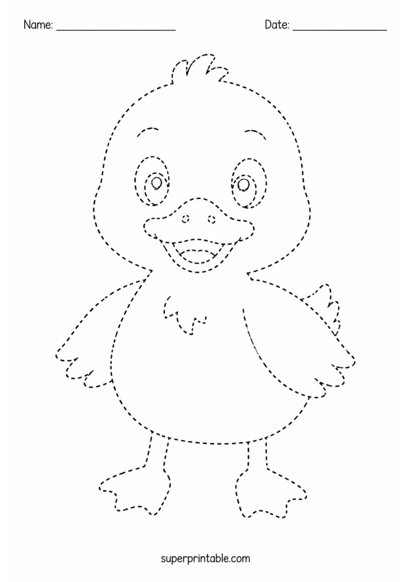 Black and white dashed line tracing sheet featuring a cartoon baby duckling standing upright facing forward with outstretched wings.