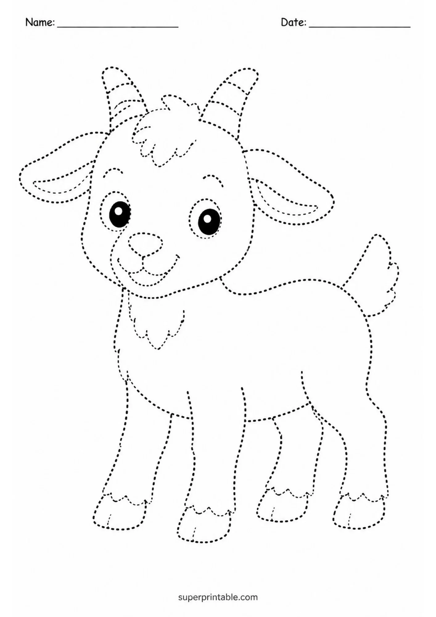 Black line art tracing worksheet featuring a happy standing baby goat facing forward with round dark eyes and dashed line outlines for handwriting practice.