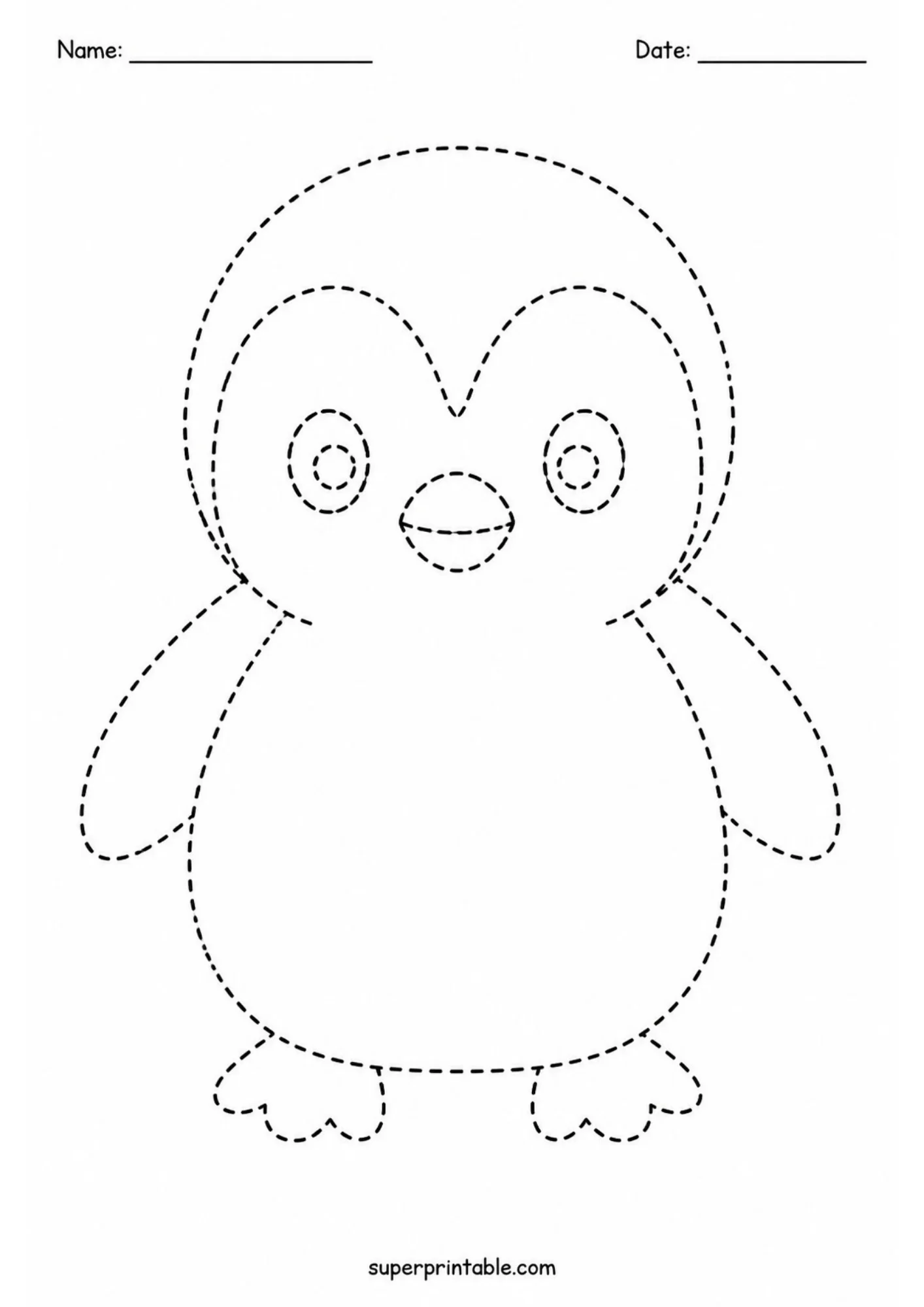 Simple black and white preschool worksheet of a standing baby penguin chick with heart face markings and flippers down, outlined entirely in dashed tracing lines.