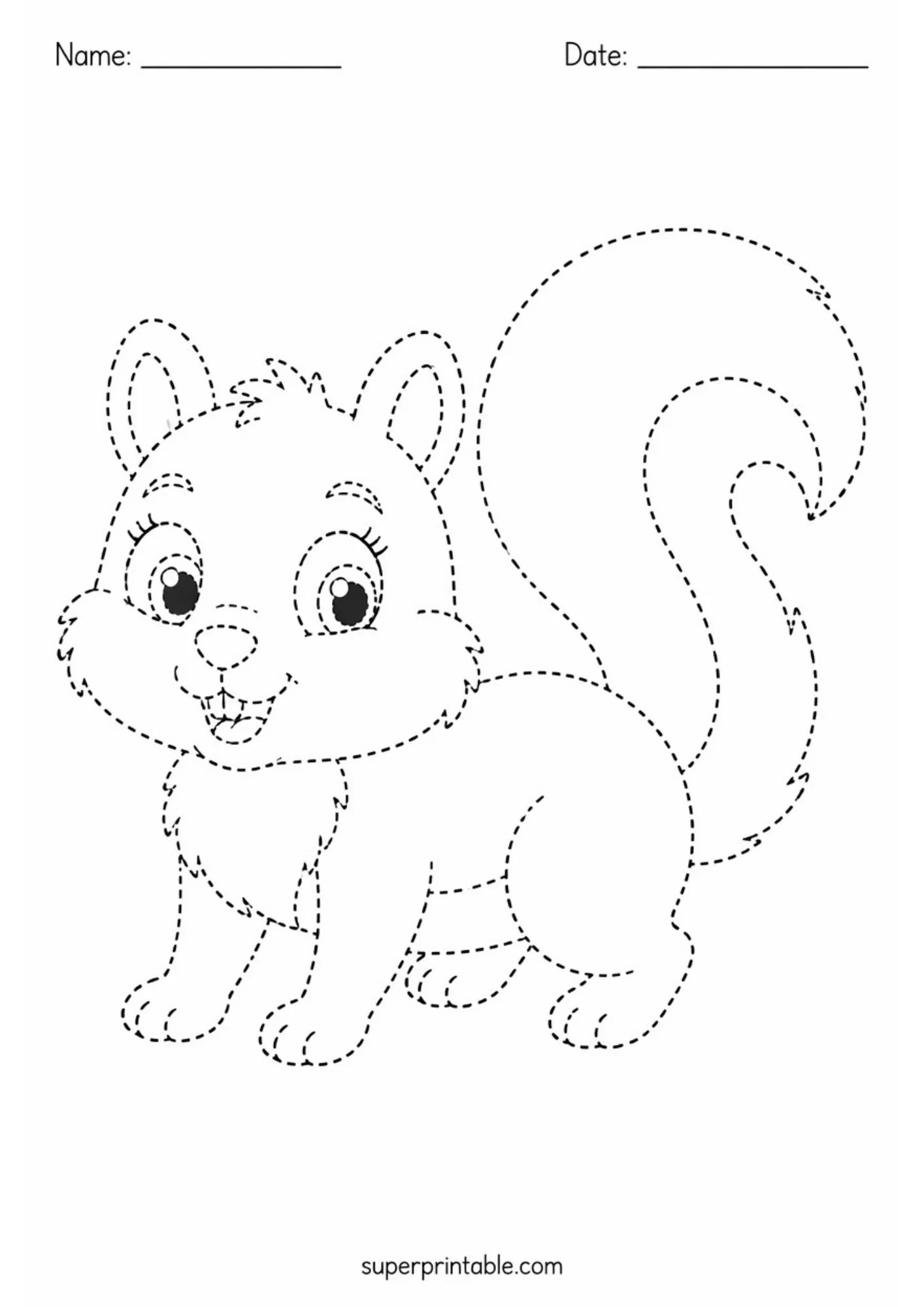 Black and white dashed outline printable worksheet showing a happy baby squirrel standing on four paws with a curved fluffy tail and top Name and Date lines.